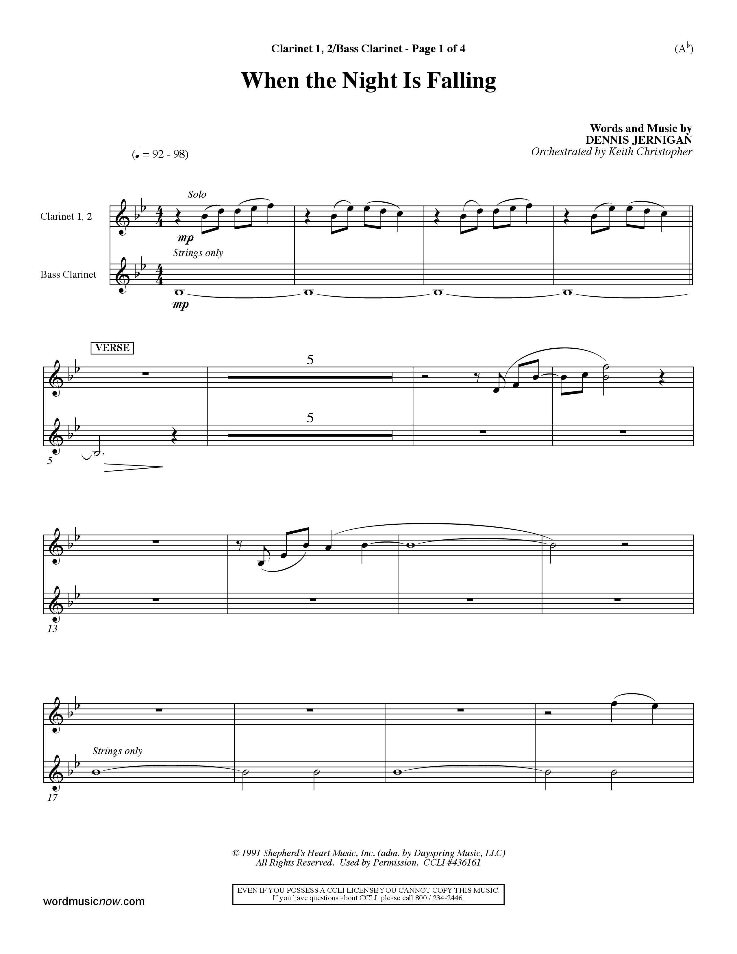 When The Night Is Falling (Choral Anthem SATB) Clarinet 1/2, Bass Clarinet (Word Music Choral / Orch. Keith Christopher)