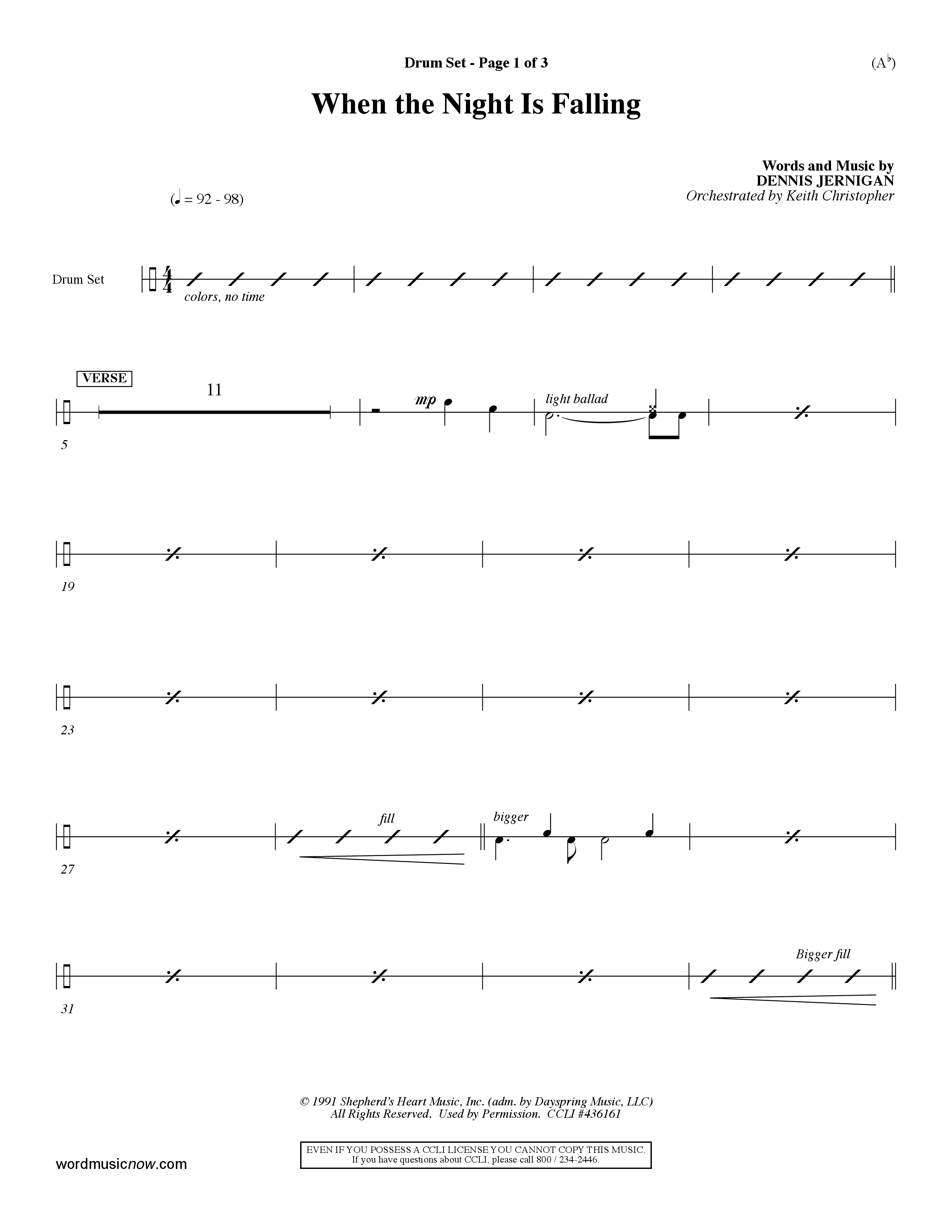 When The Night Is Falling (Choral Anthem SATB) Drum Set (Word Music Choral / Orch. Keith Christopher)
