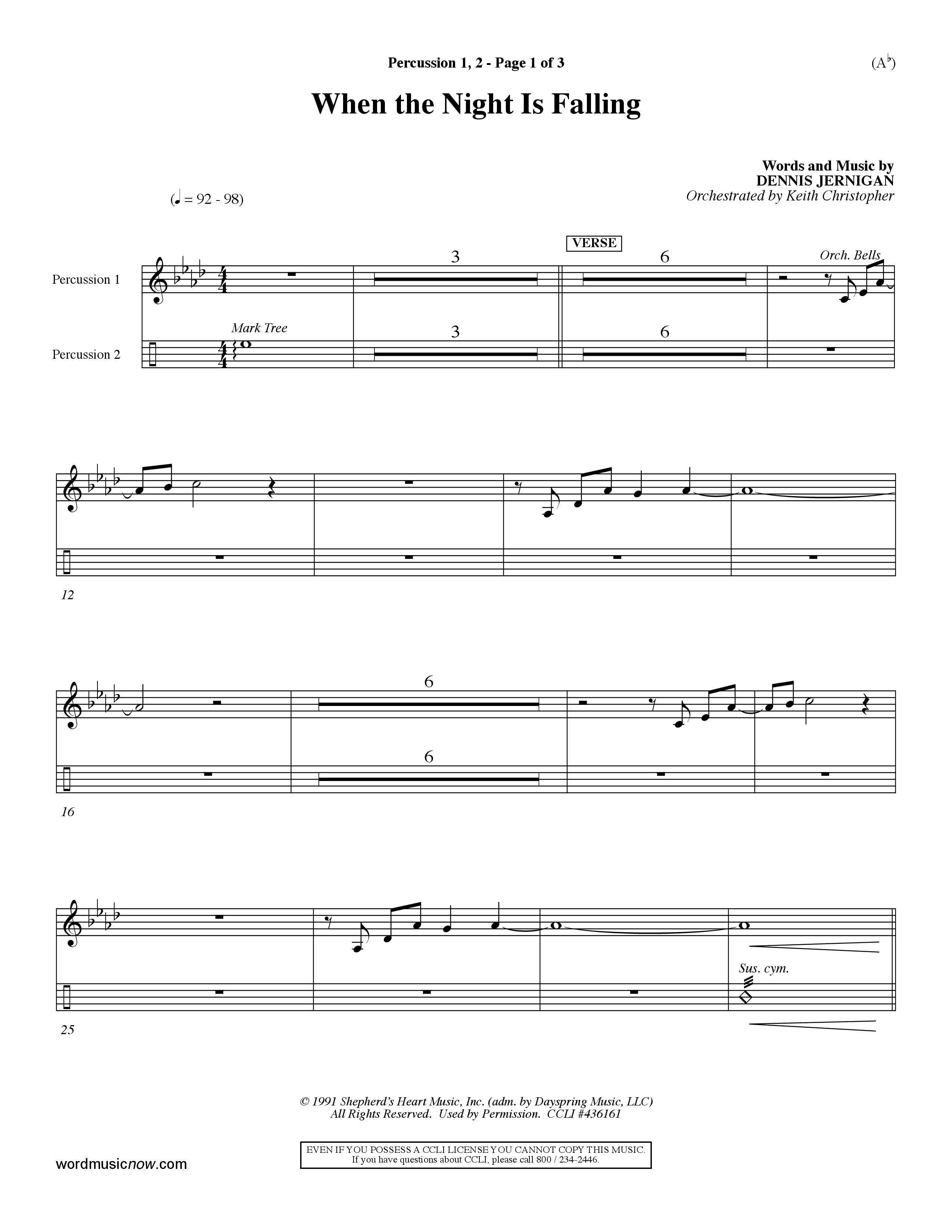 When The Night Is Falling (Choral Anthem SATB) Percussion 1/2 (Word Music Choral / Orch. Keith Christopher)