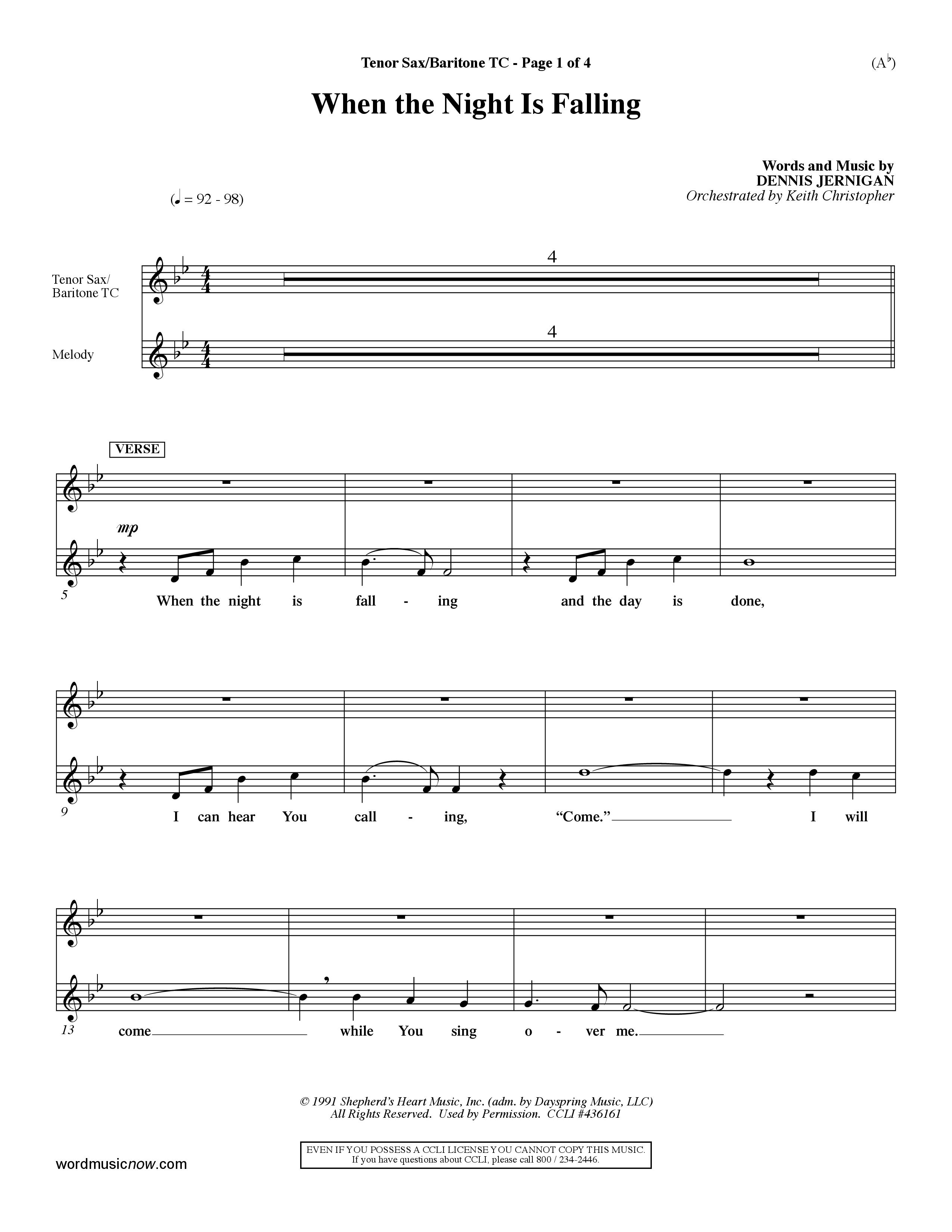 When The Night Is Falling (Choral Anthem SATB) Tenor Sax/Baritone T.C. (Word Music Choral / Orch. Keith Christopher)