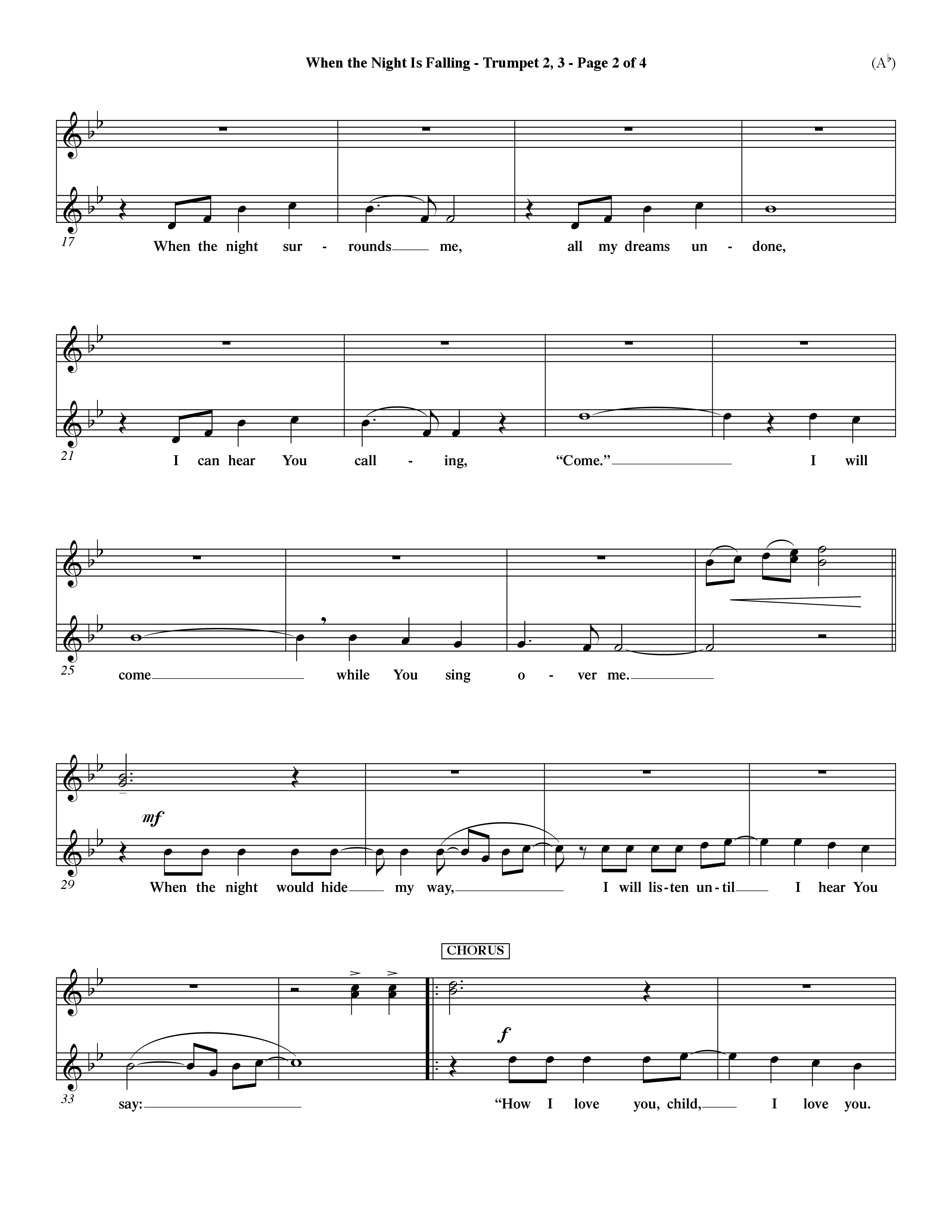 When The Night Is Falling (Choral Anthem SATB) Trumpet 2/3 (Word Music Choral / Orch. Keith Christopher)