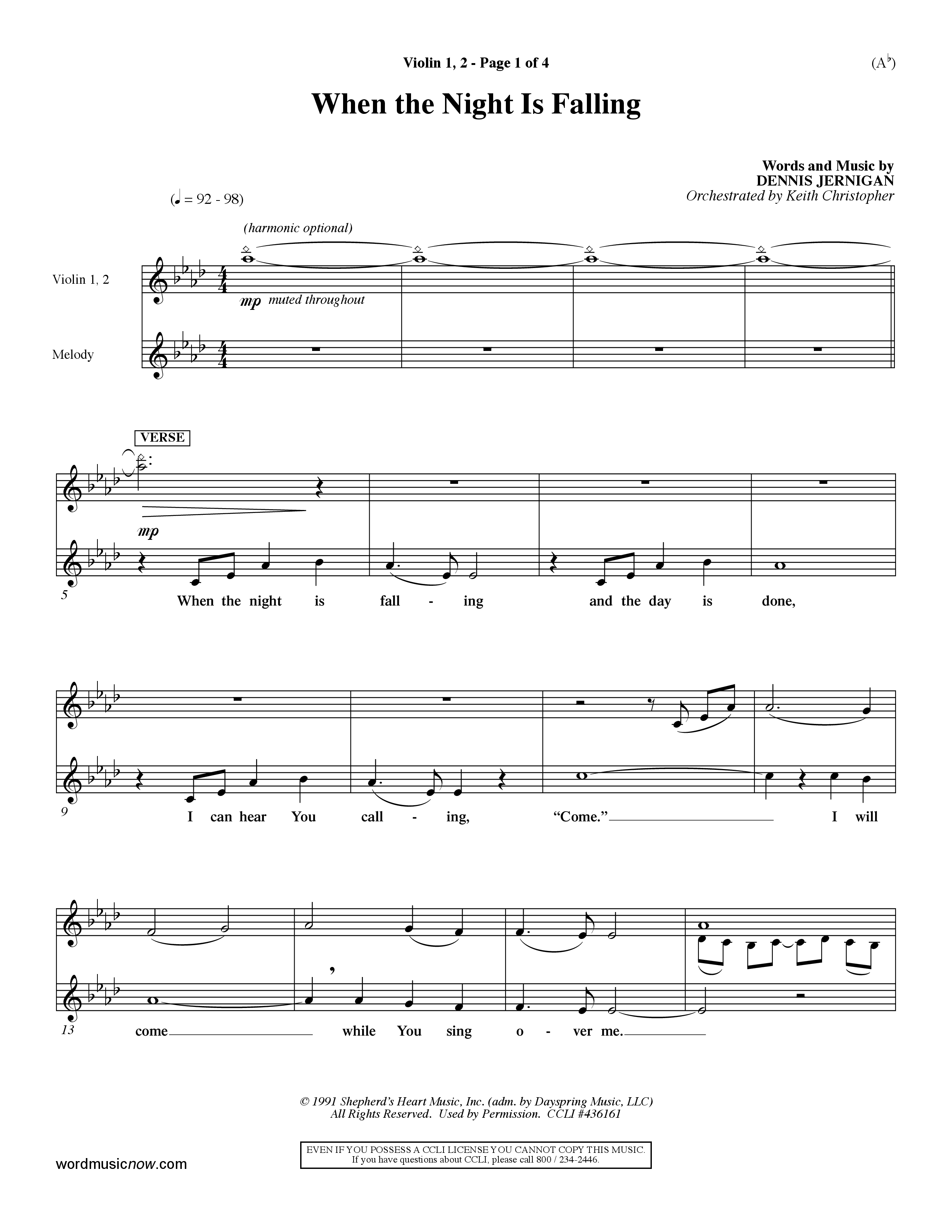 When The Night Is Falling (Choral Anthem SATB) Violin 1/2 (Word Music Choral / Orch. Keith Christopher)