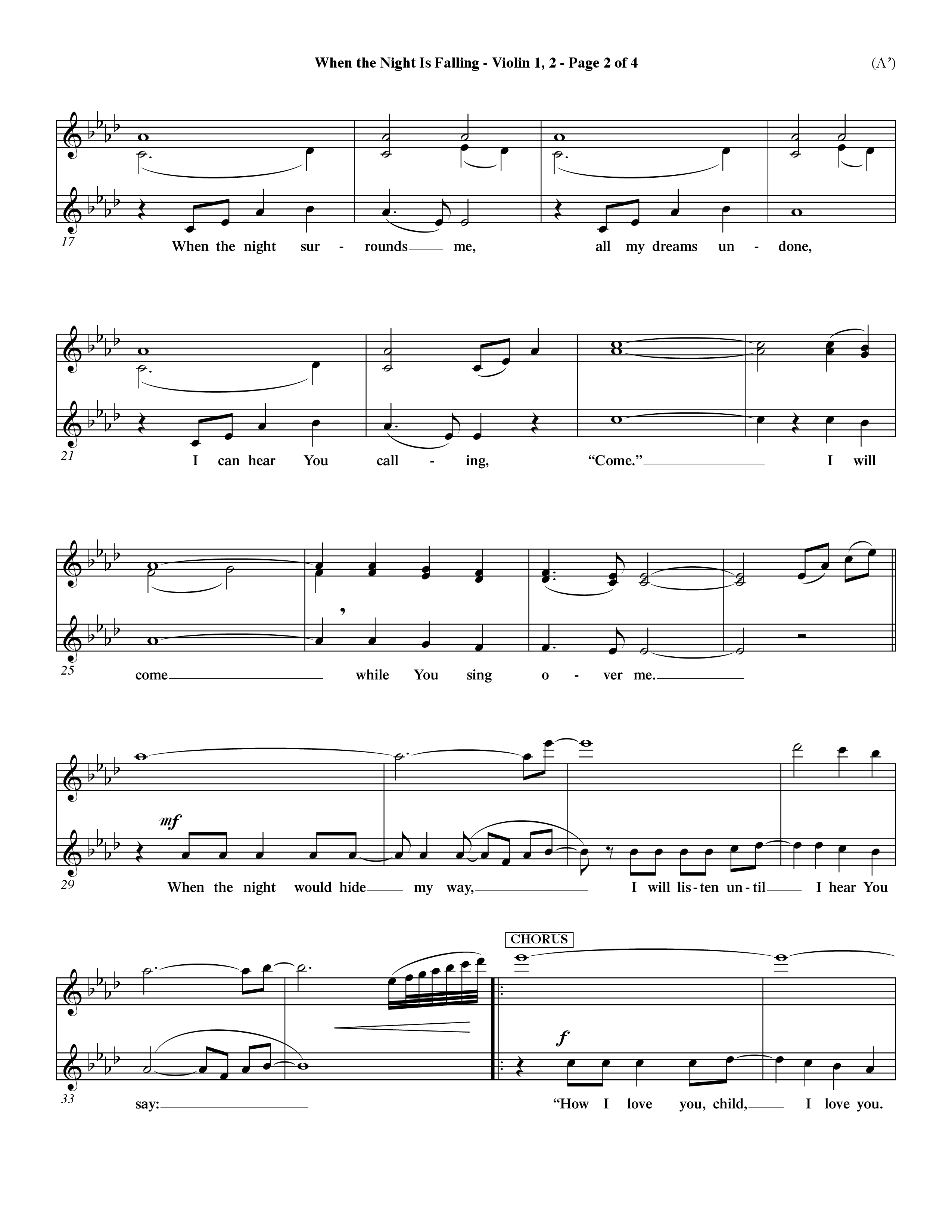 When The Night Is Falling (Choral Anthem SATB) Violin 1/2 (Word Music Choral / Orch. Keith Christopher)