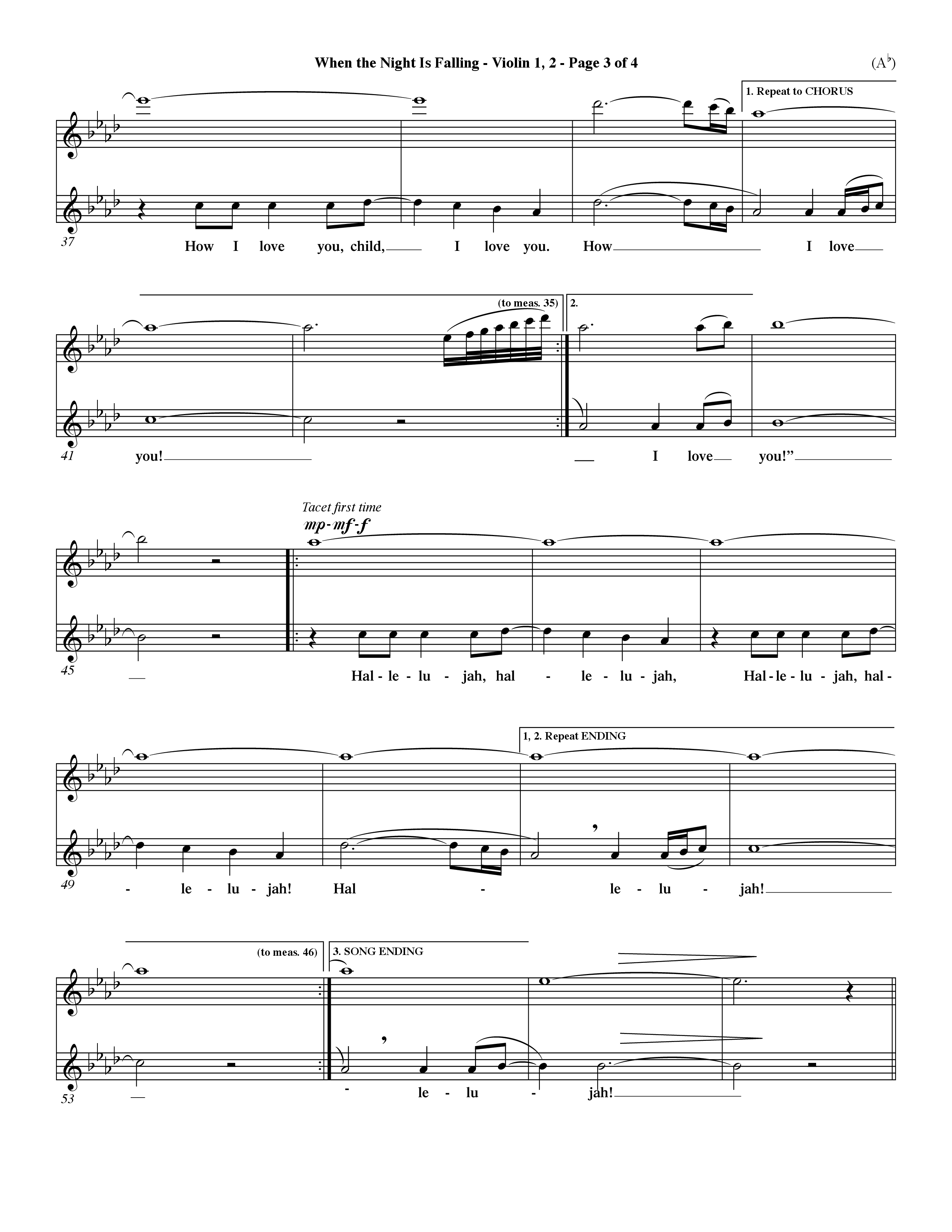 When The Night Is Falling (Choral Anthem SATB) Violin 1/2 (Word Music Choral / Orch. Keith Christopher)