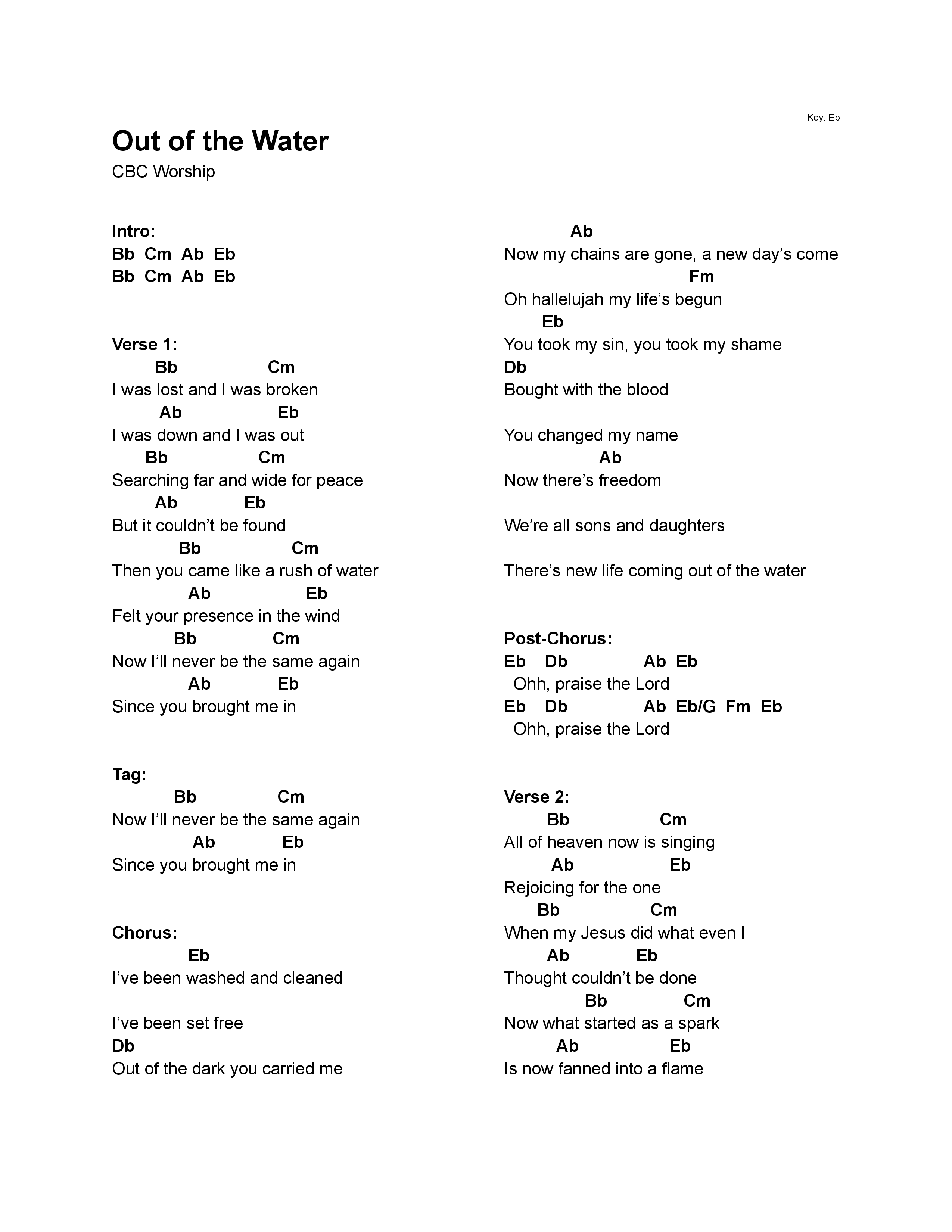 Out Of The Water Chord Chart (CBC Worship)