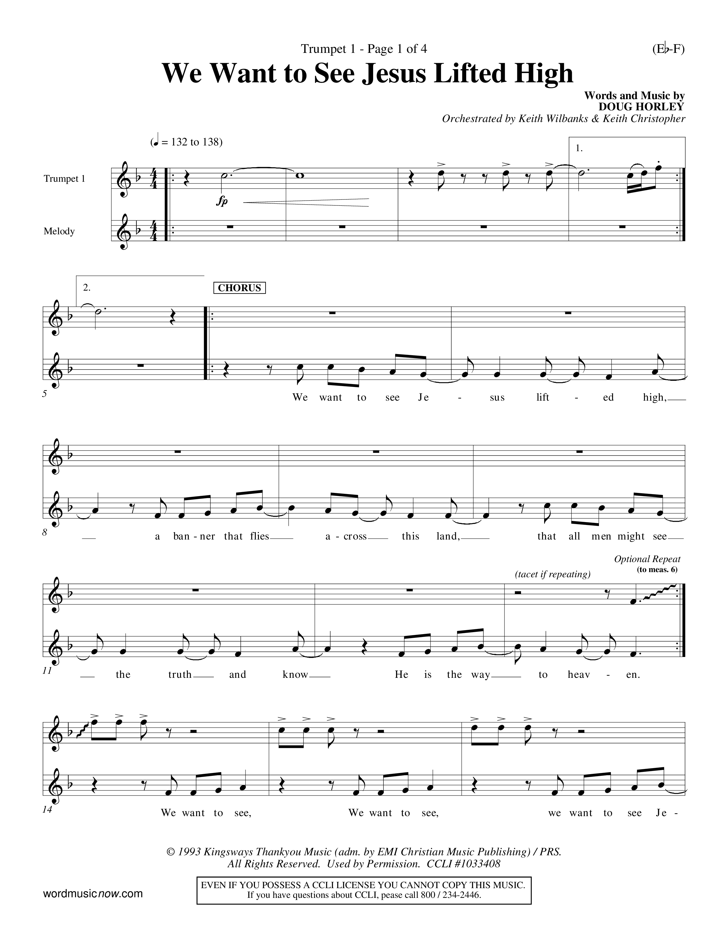 We Want To See Jesus Lifted High (Choral Anthem SATB) Trumpet 1 (Word Music Choral / Orch. Keith Wilbanks / Orch. Keith Christopher)