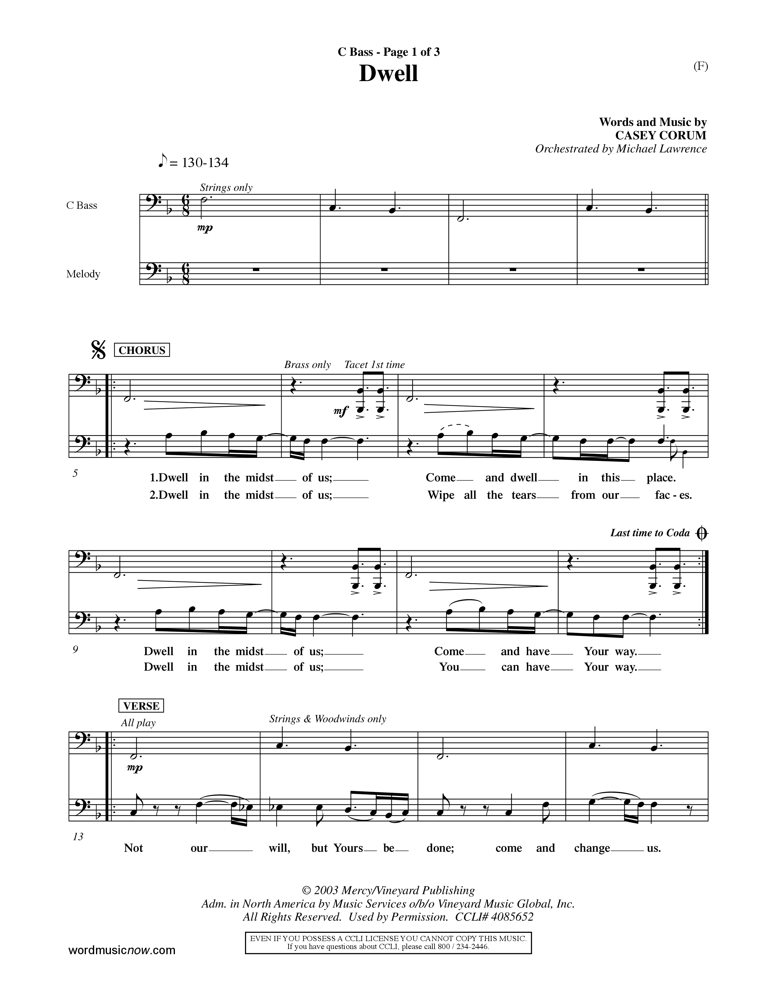 Dwell (Choral Anthem SATB) Contrabass (Word Music Choral / Orch. Michael Lawrence)