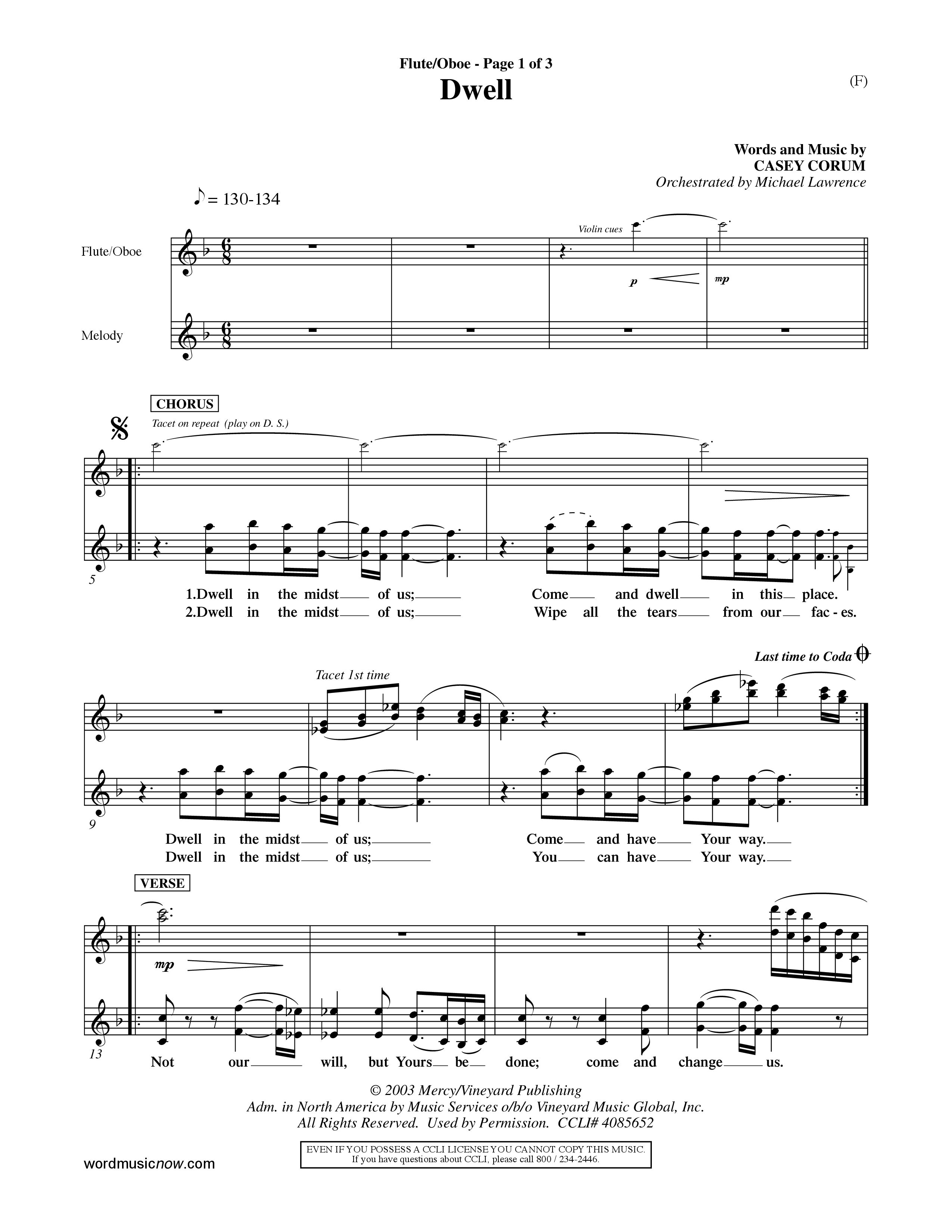 Dwell (Choral Anthem SATB) Flute/Oboe (Word Music Choral / Orch. Michael Lawrence)