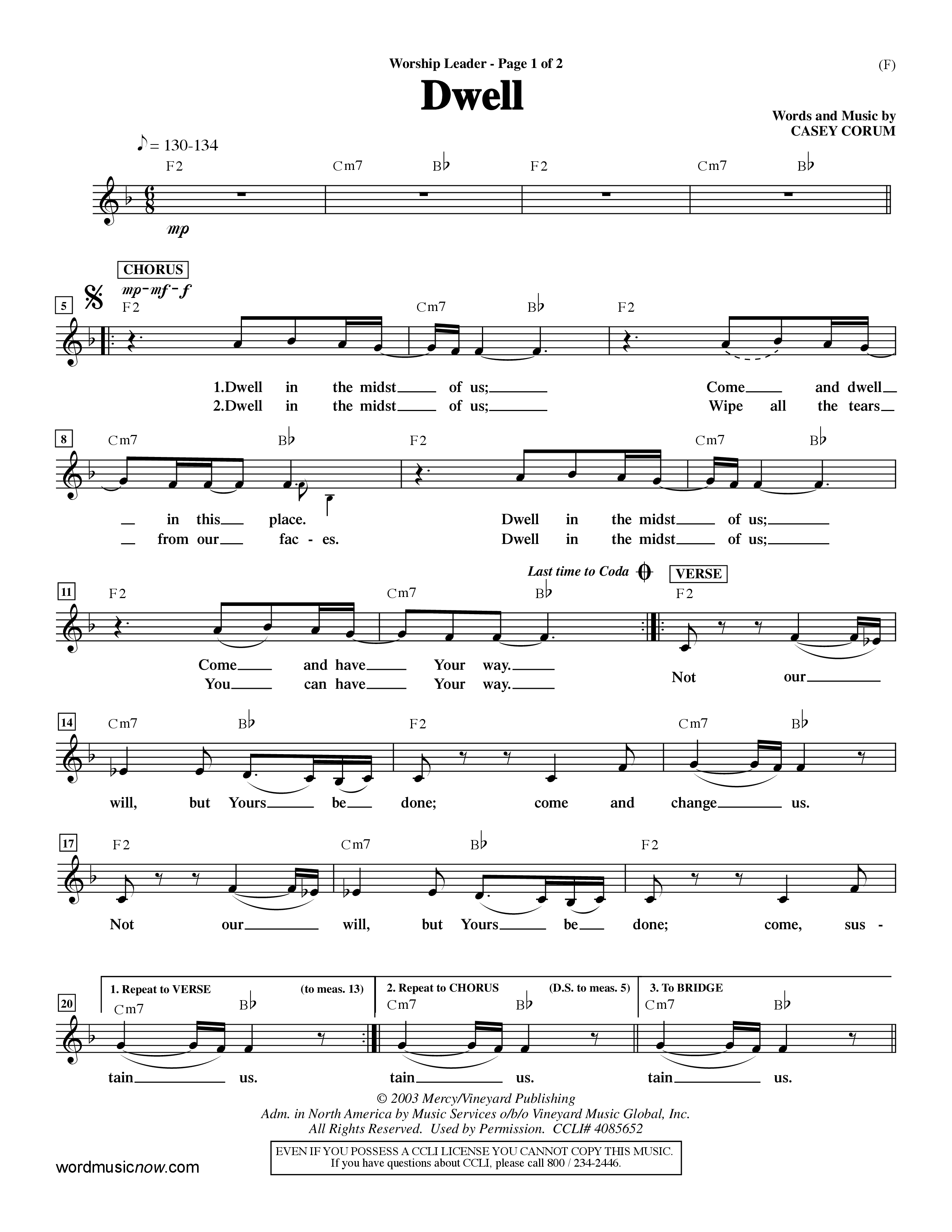 Dwell (Choral Anthem SATB) Lead Sheet (Mel) (Word Music Choral / Orch. Michael Lawrence)