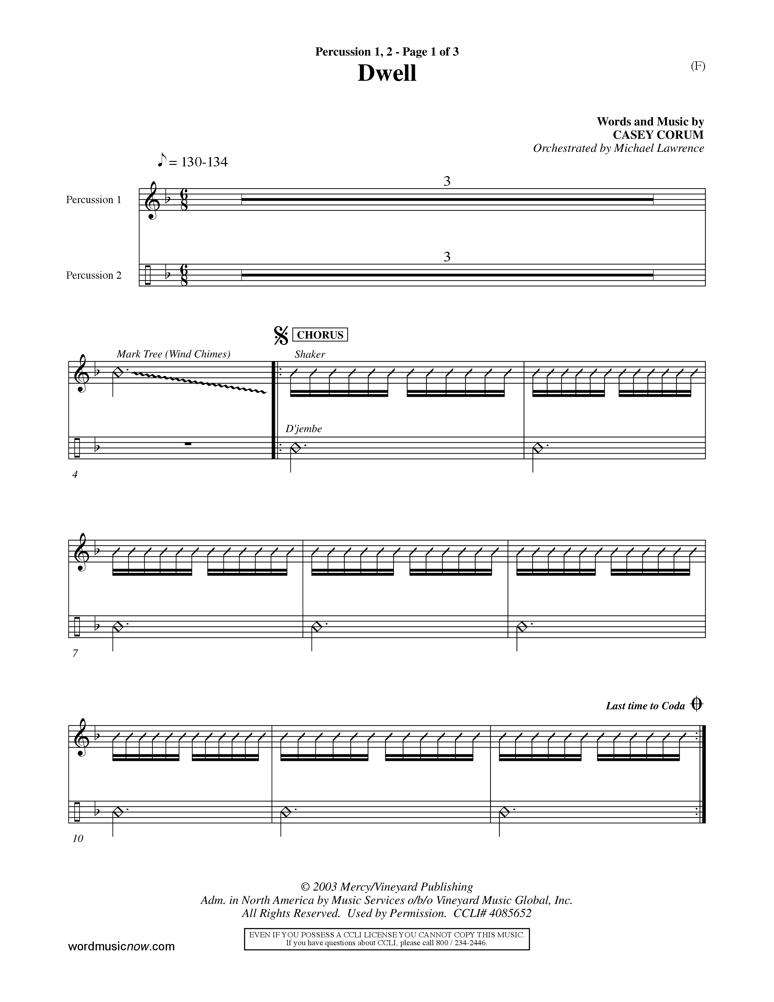 Dwell (Choral Anthem SATB) Percussion 1/2 (Word Music Choral / Orch. Michael Lawrence)