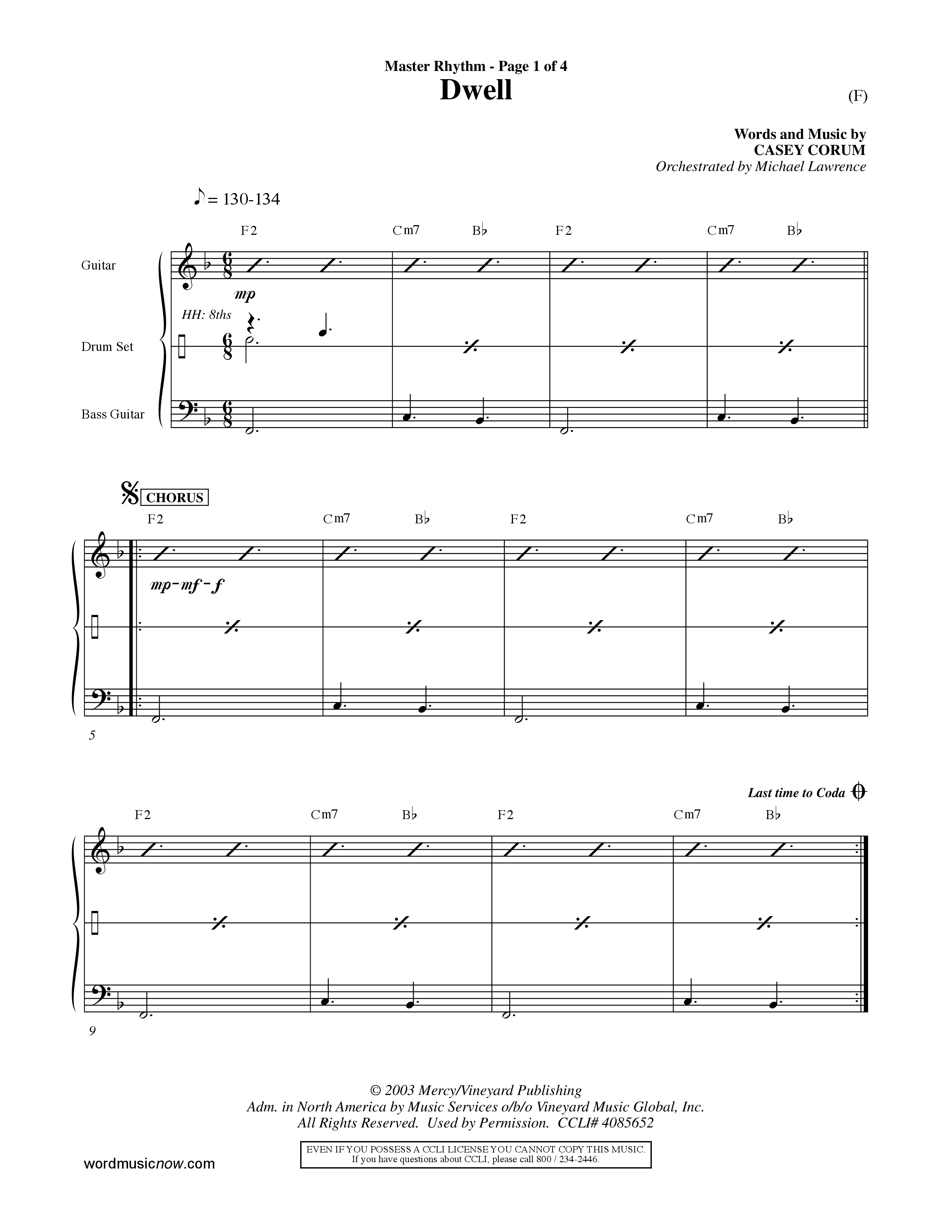 Dwell (Choral Anthem SATB) Rhythm Chart (Word Music Choral / Orch. Michael Lawrence)