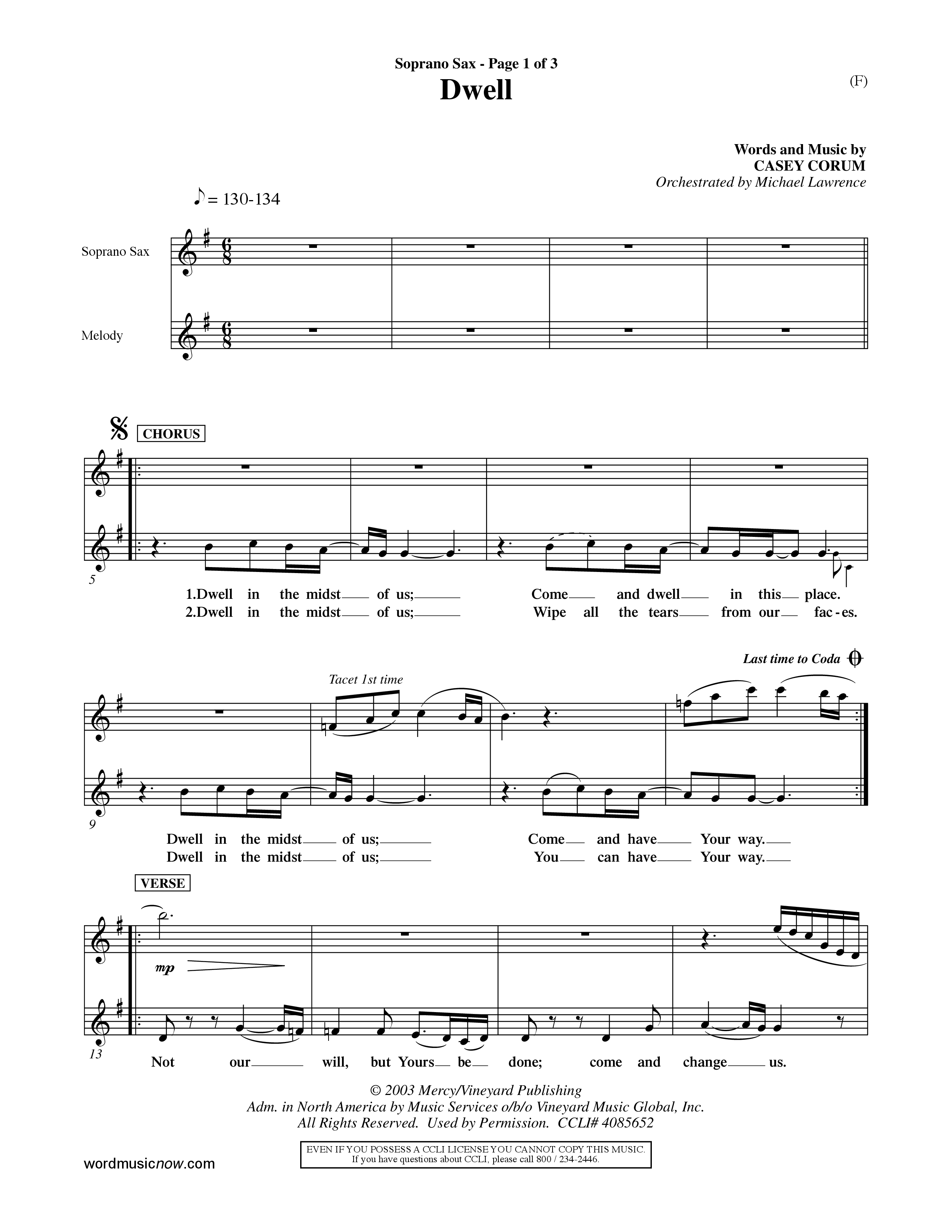 Dwell (Choral Anthem SATB) Saxophone (Word Music Choral / Orch. Michael Lawrence)