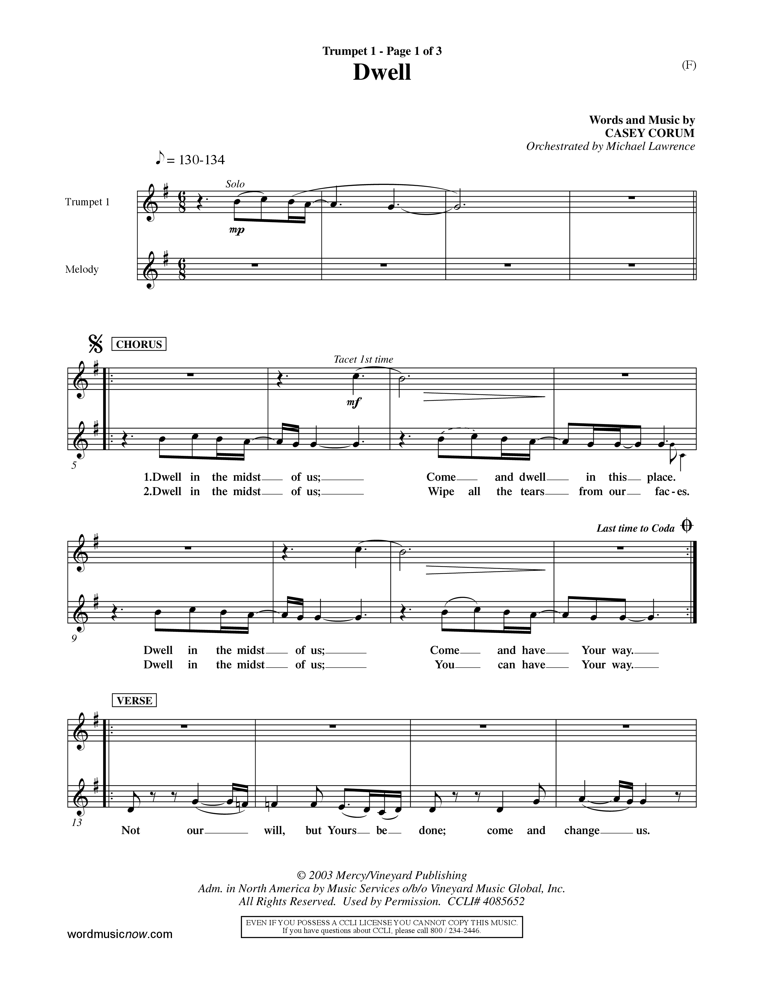 Dwell (Choral Anthem SATB) Trumpet 1 (Word Music Choral / Orch. Michael Lawrence)