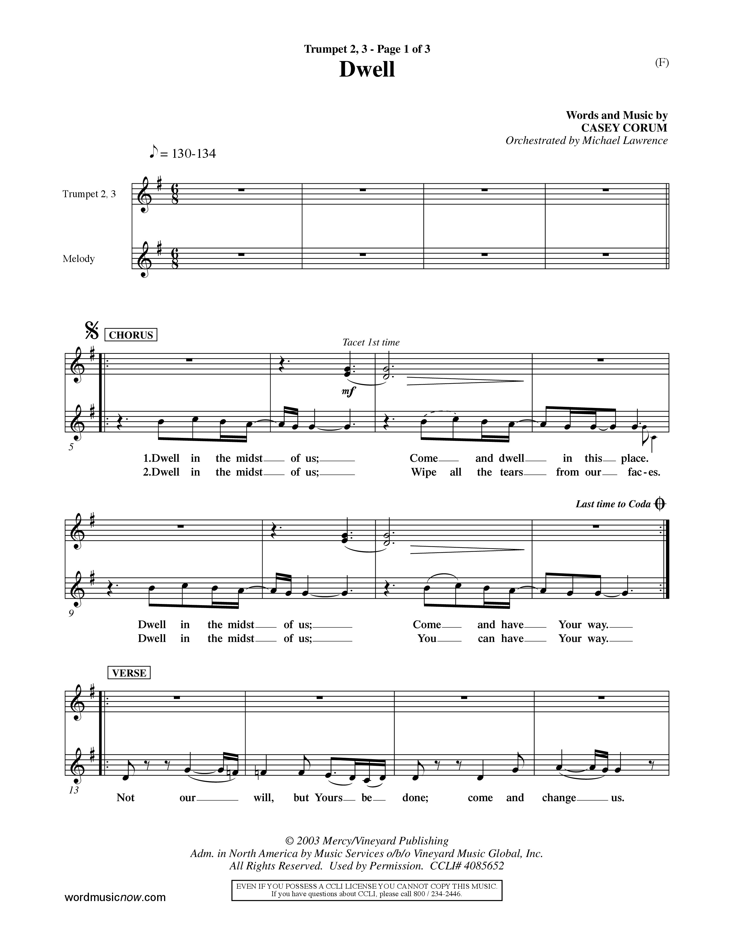 Dwell (Choral Anthem SATB) Trumpet 2/3 (Word Music Choral / Orch. Michael Lawrence)