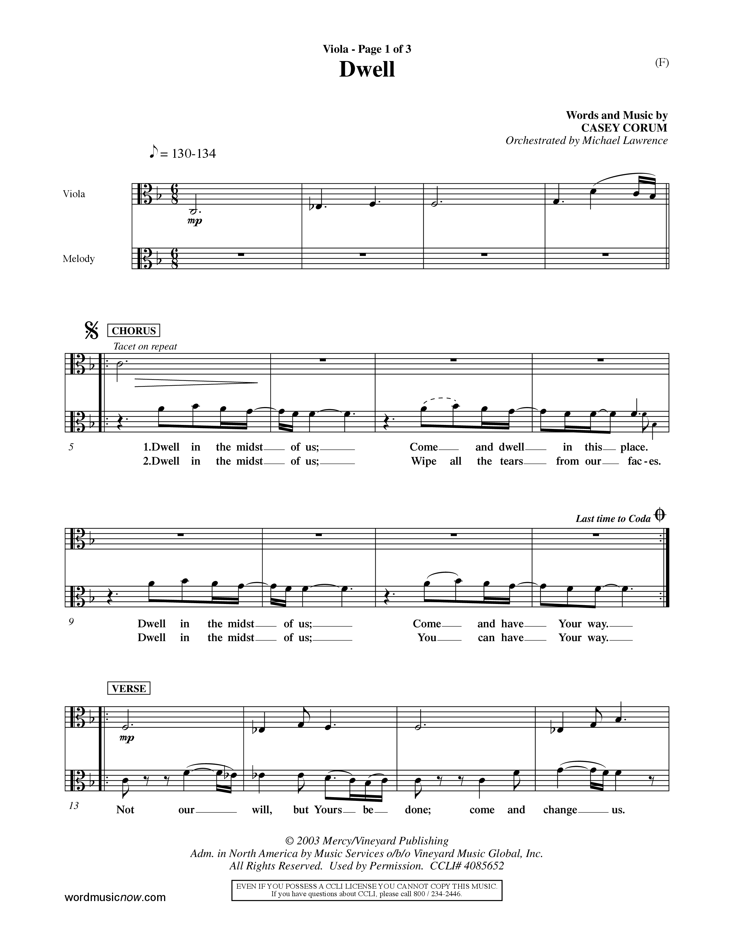 Dwell (Choral Anthem SATB) Viola (Word Music Choral / Orch. Michael Lawrence)