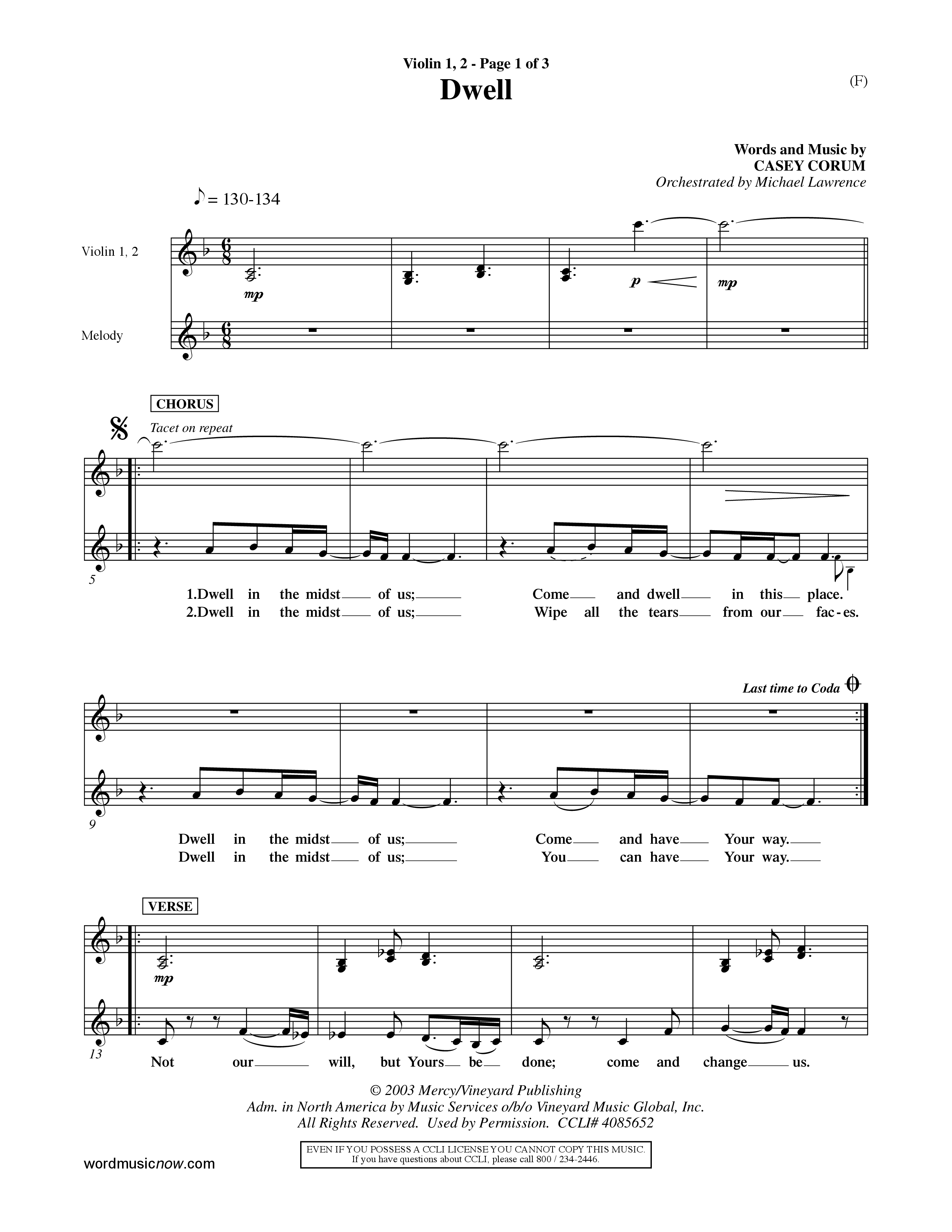 Dwell (Choral Anthem SATB) Violin 1/2 (Word Music Choral / Orch. Michael Lawrence)