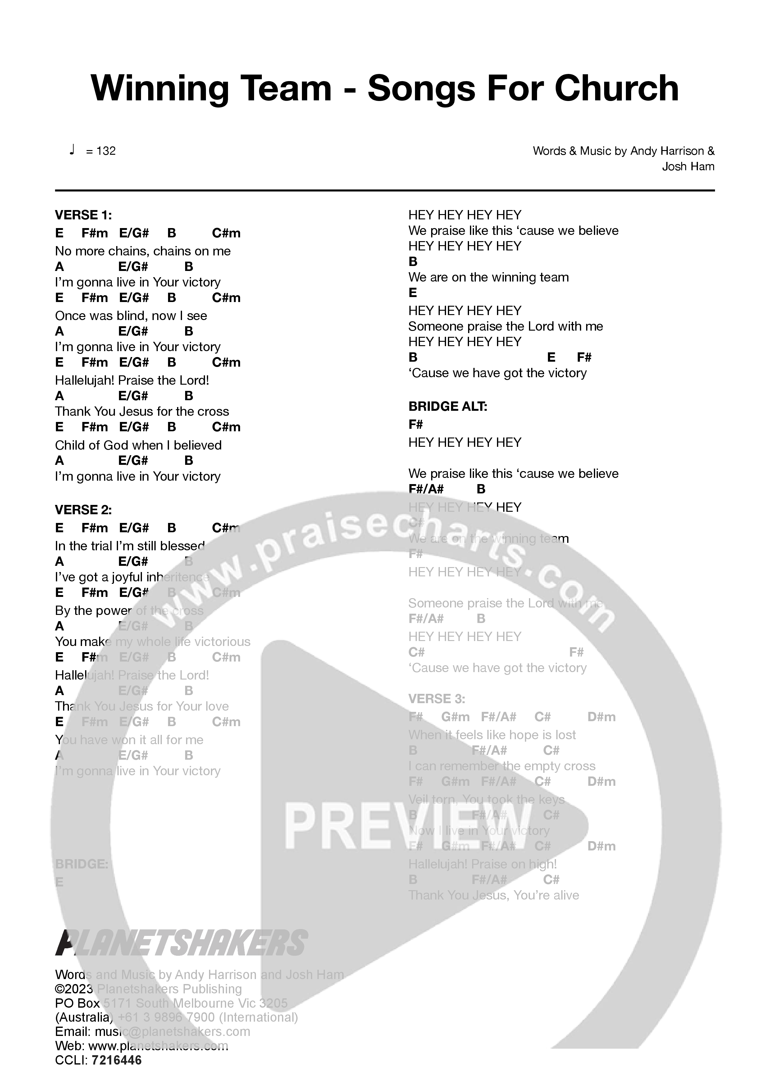 Winning Team - Songs For Church (Live) Chord Chart (Planetshakers)