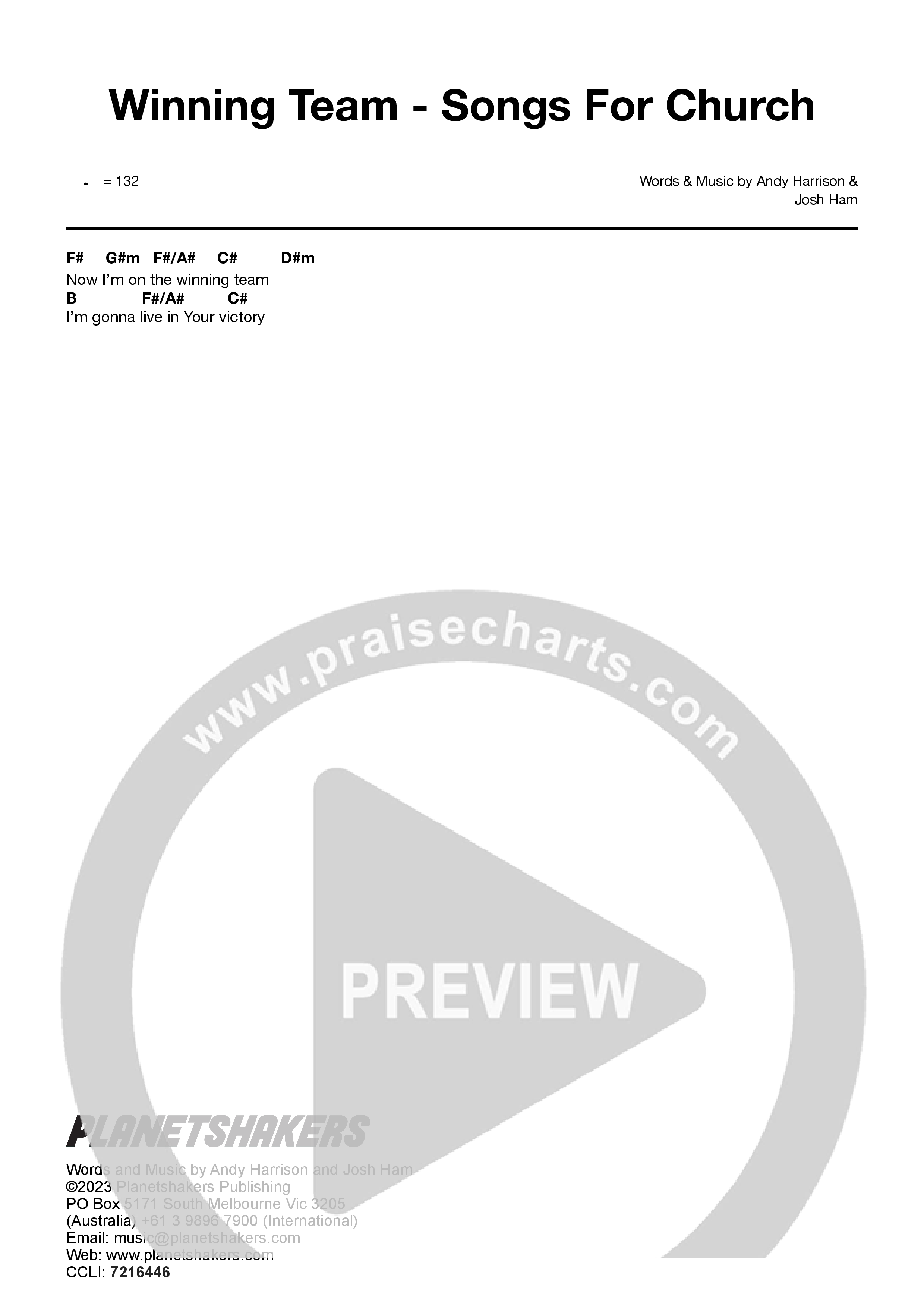 Winning Team - Songs For Church (Live) Chord Chart (Planetshakers)