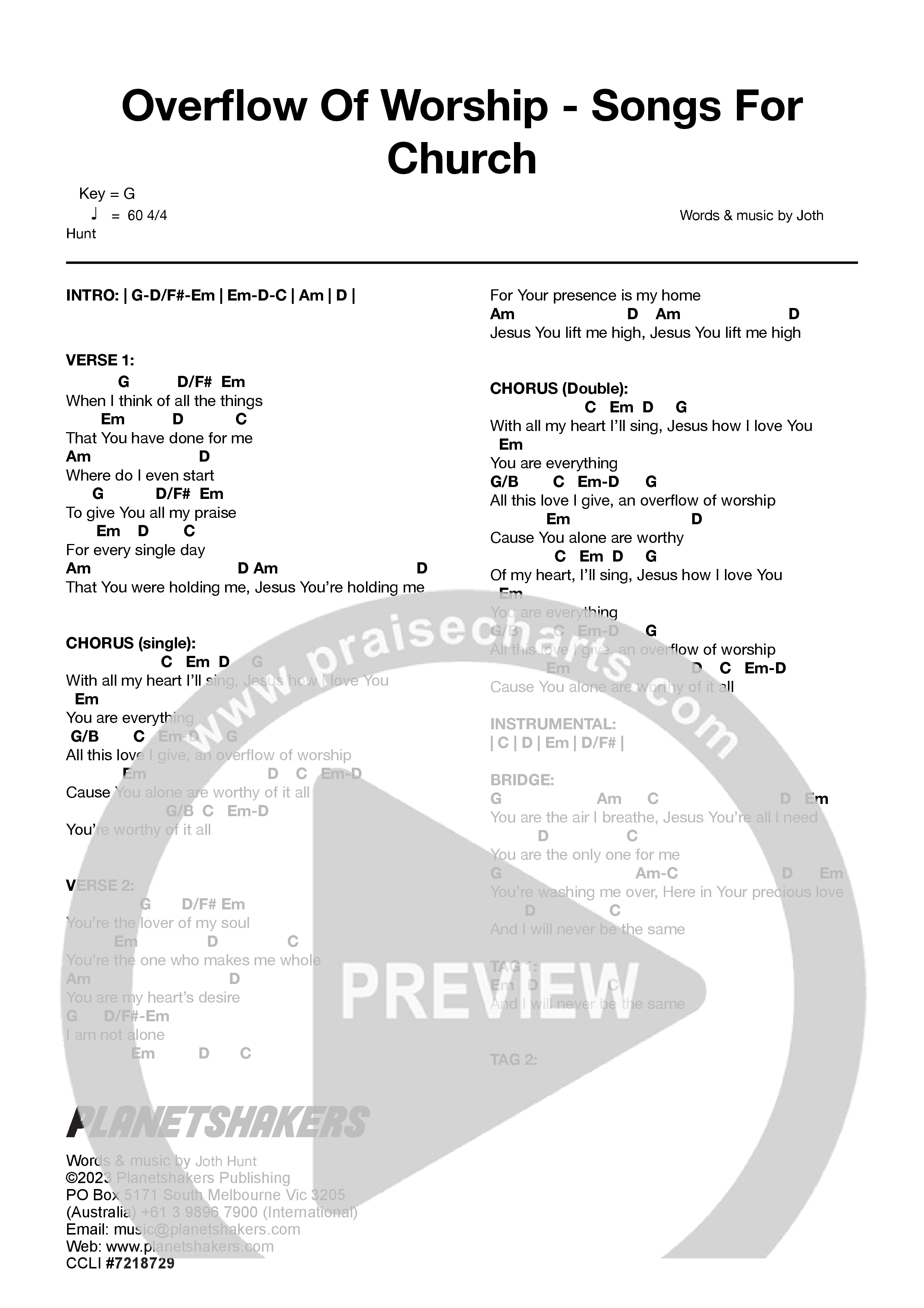 Overflow Of Worship - Songs For Church (Live) Chord Chart (Planetshakers)