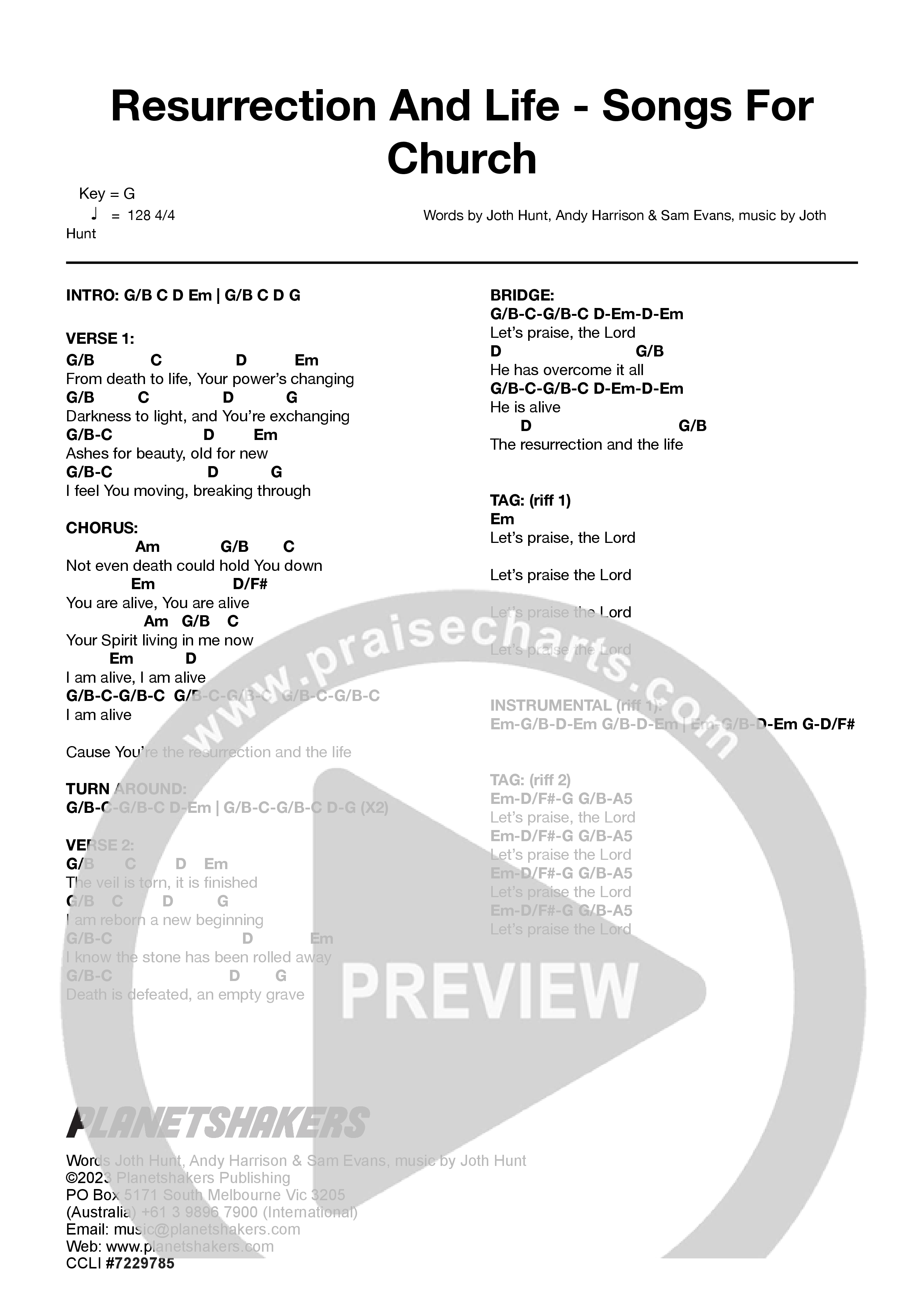 Resurrection And Life - Songs For Church (Live) Chord Chart (Planetshakers)
