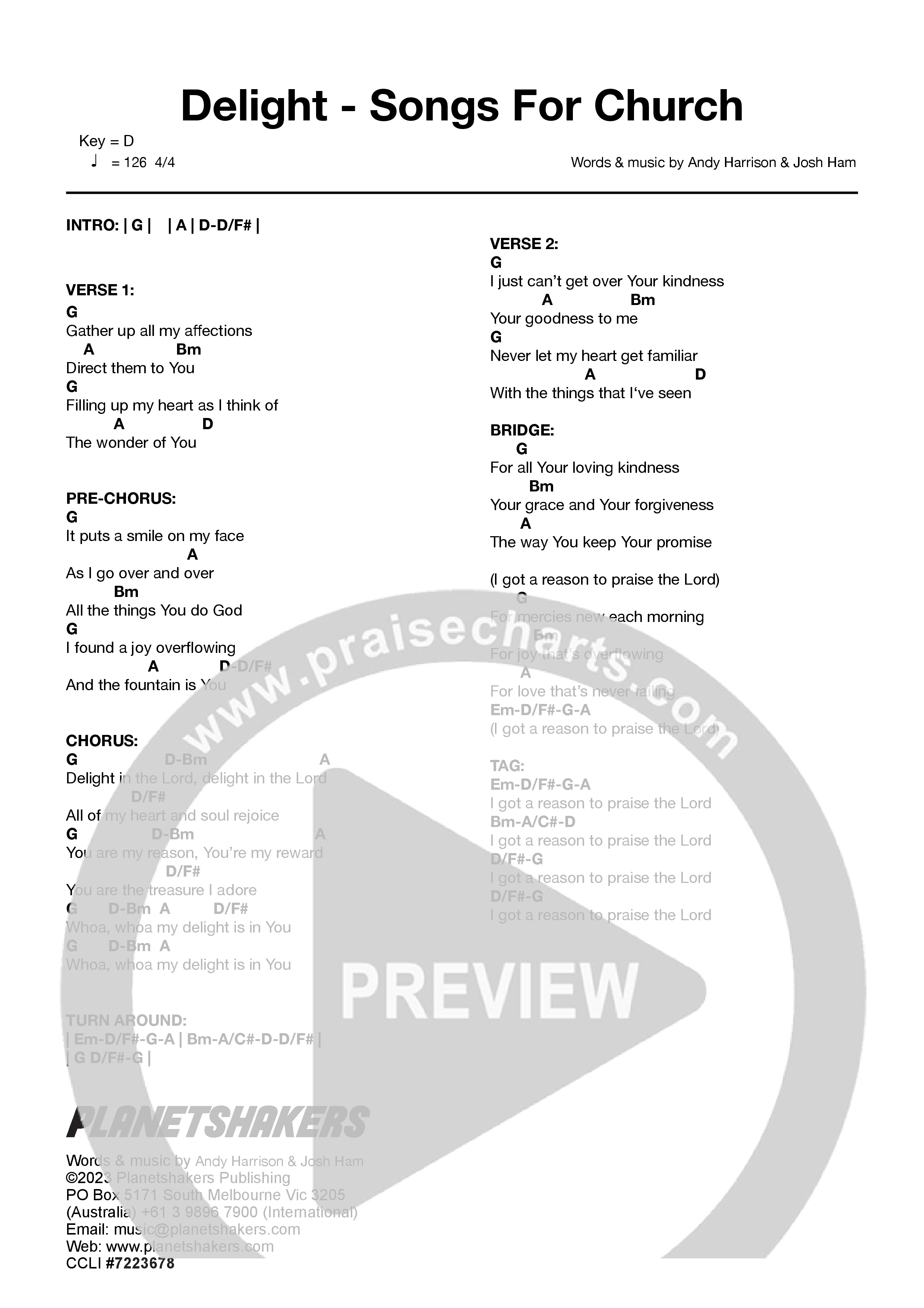 Delight - Songs For Church (Live) Chord Chart (Planetshakers)