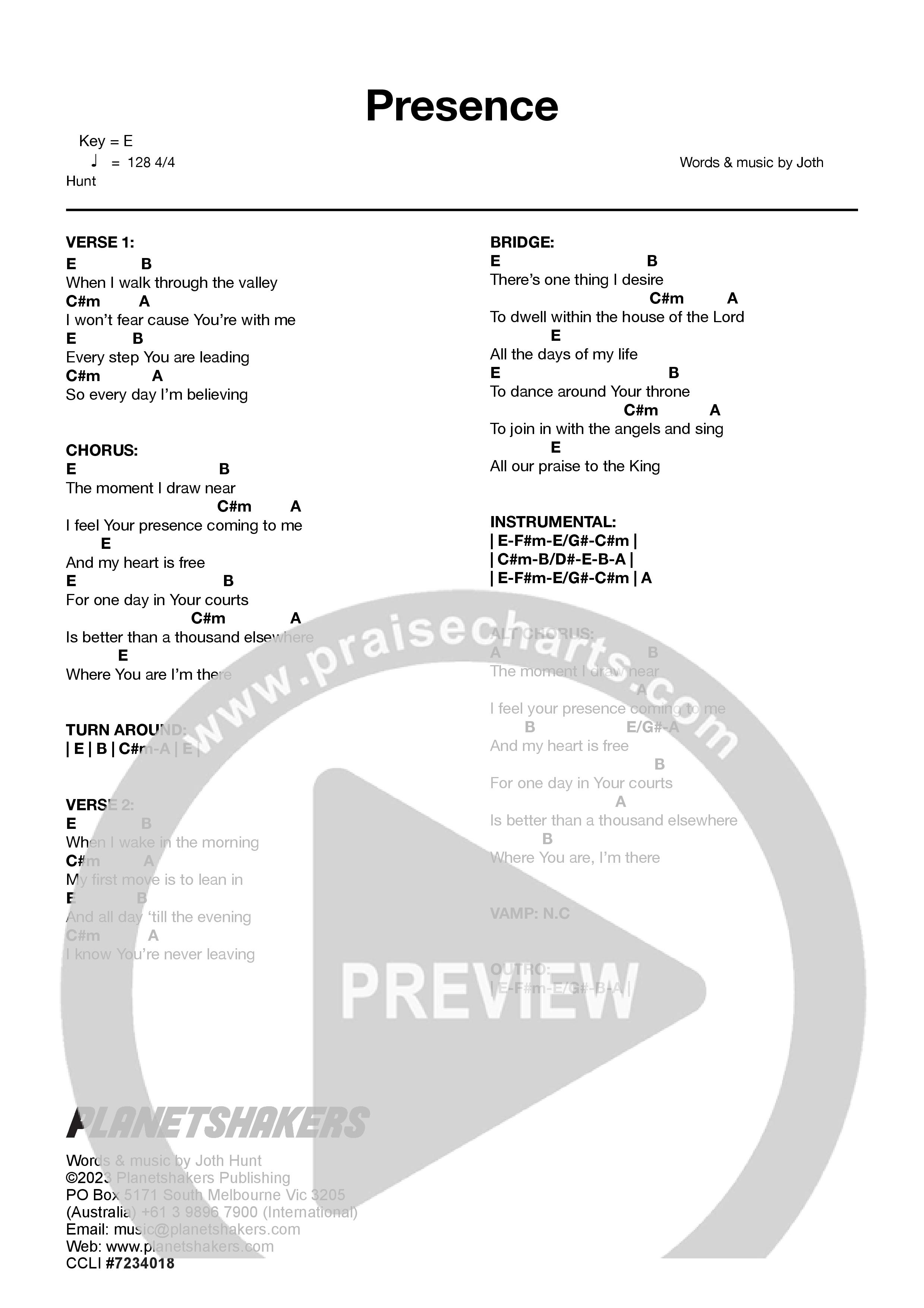 Presence (Live) Chord Chart (Planetshakers)