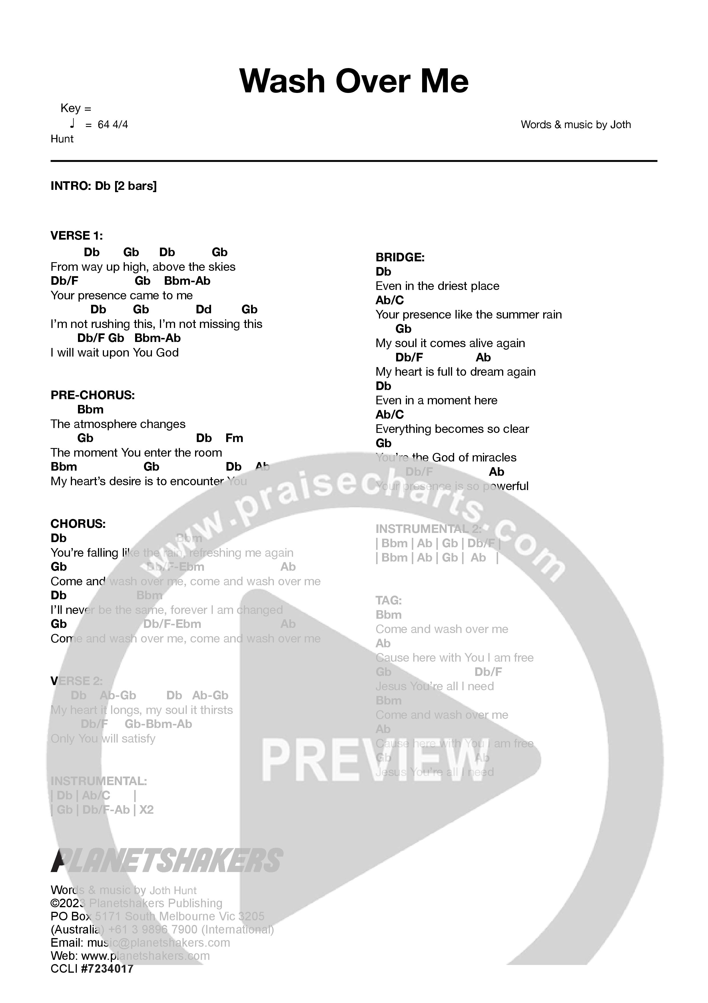 Wash Over Me (Live) Chord Chart (Planetshakers)