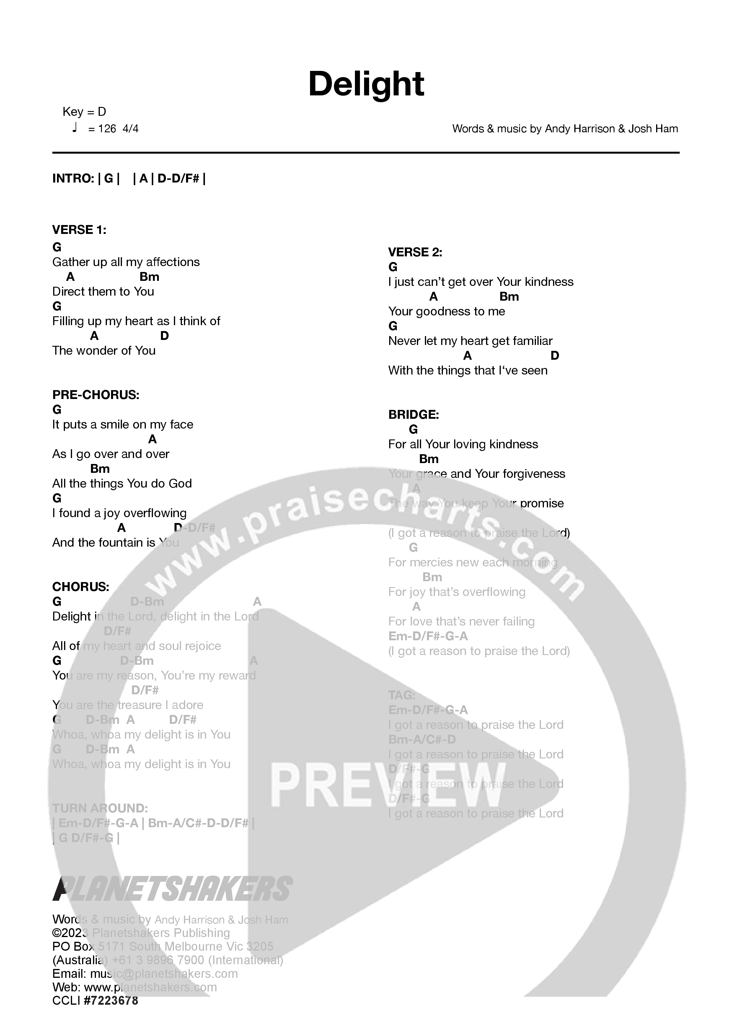 Delight (Live) Chord Chart (Planetshakers)