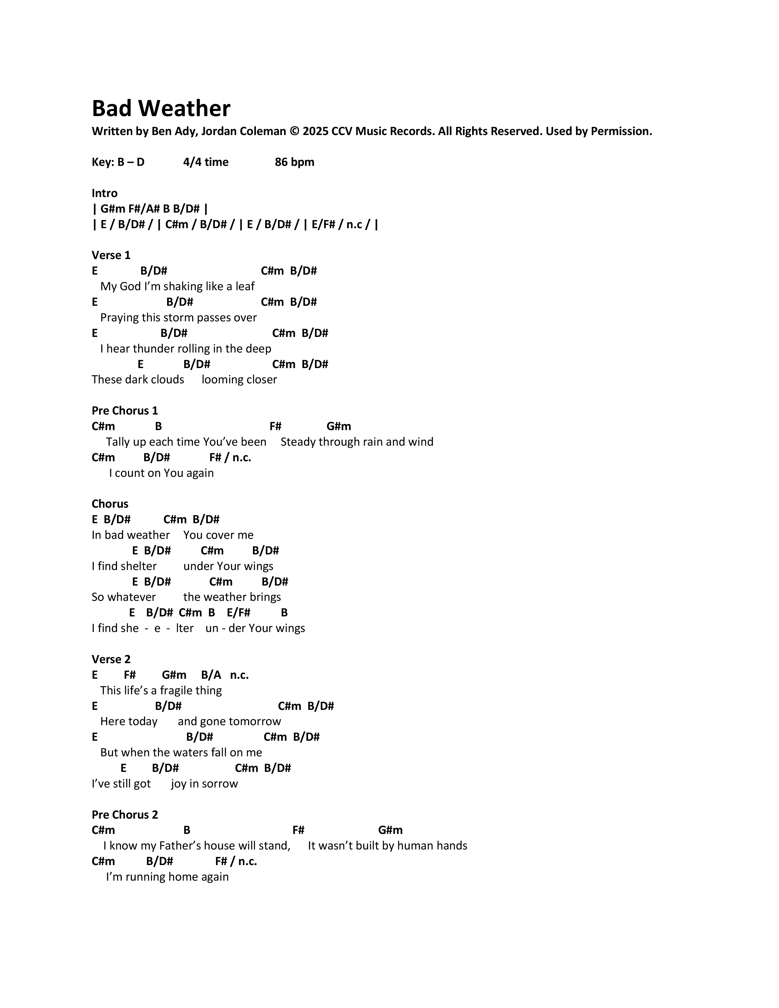 Bad Weather Chord Chart (CCV Music)