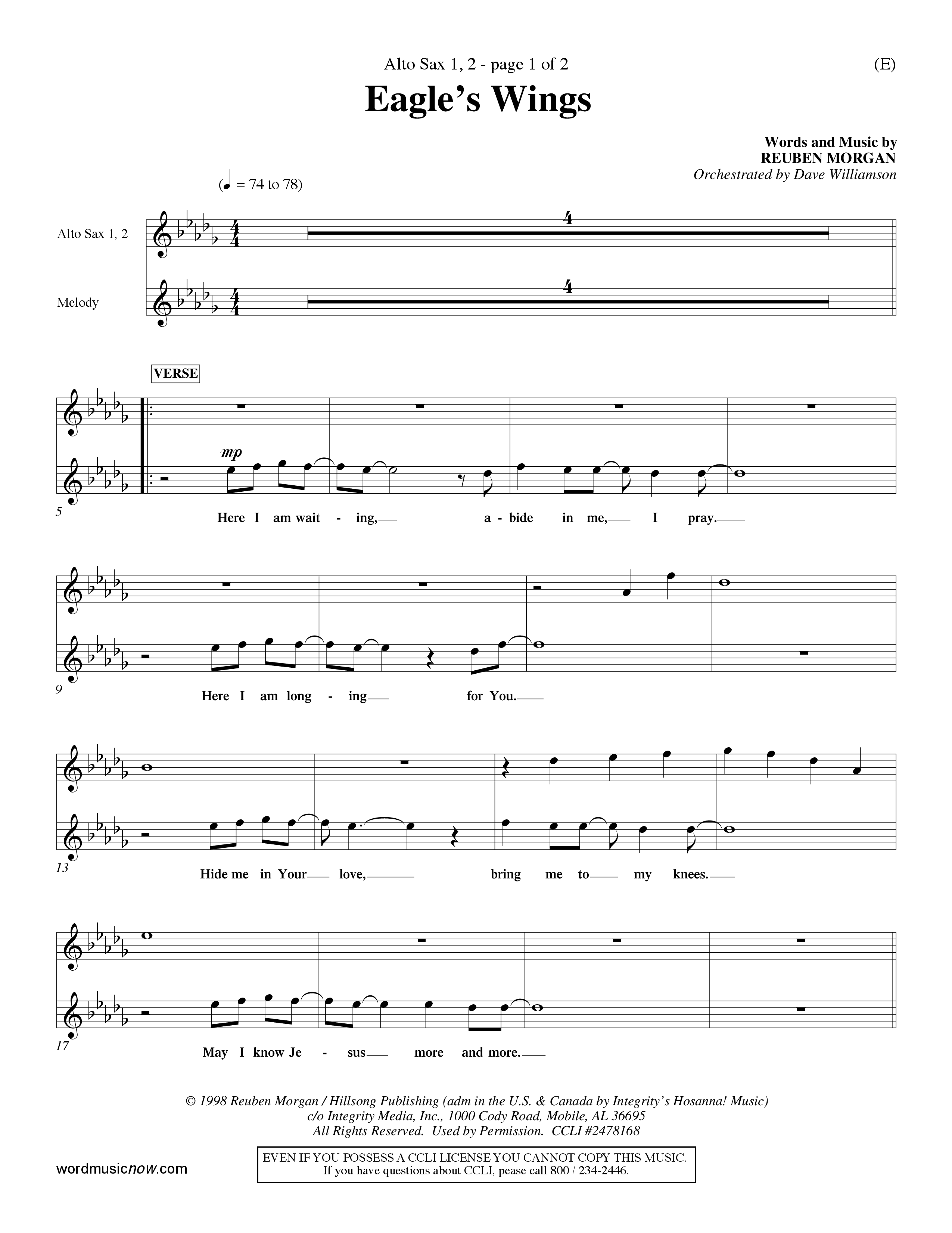 Eagle's Wings (Choral Anthem SATB) Alto Sax 1/2 (Word Music Choral / Arr. Dave Williamson)
