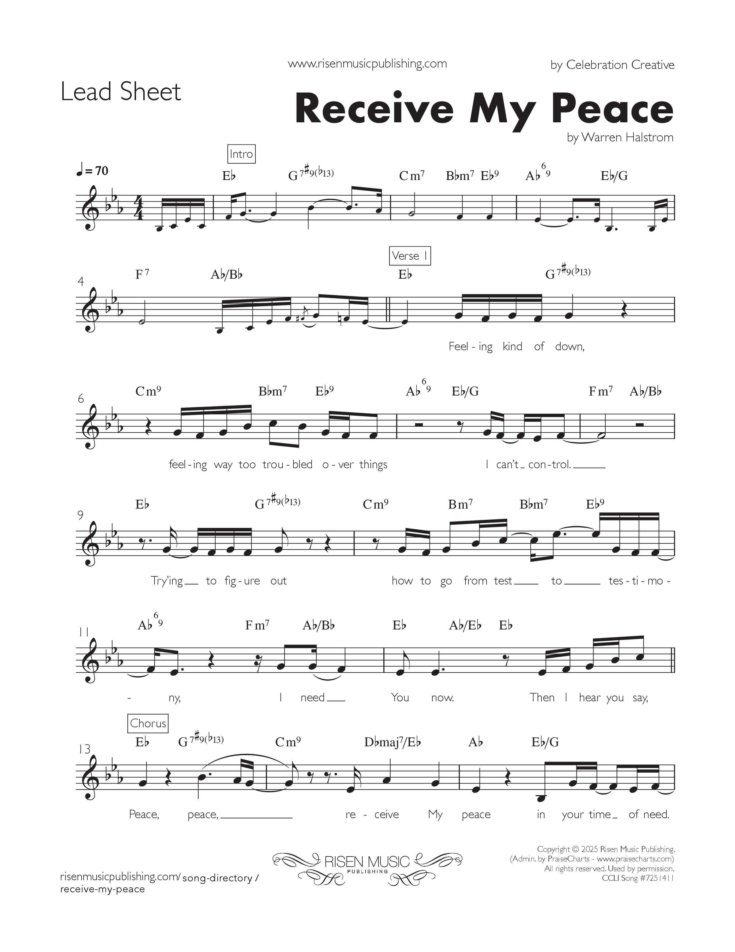 Receive My Peace Lead Sheet (SAT) (Celebration Creative)