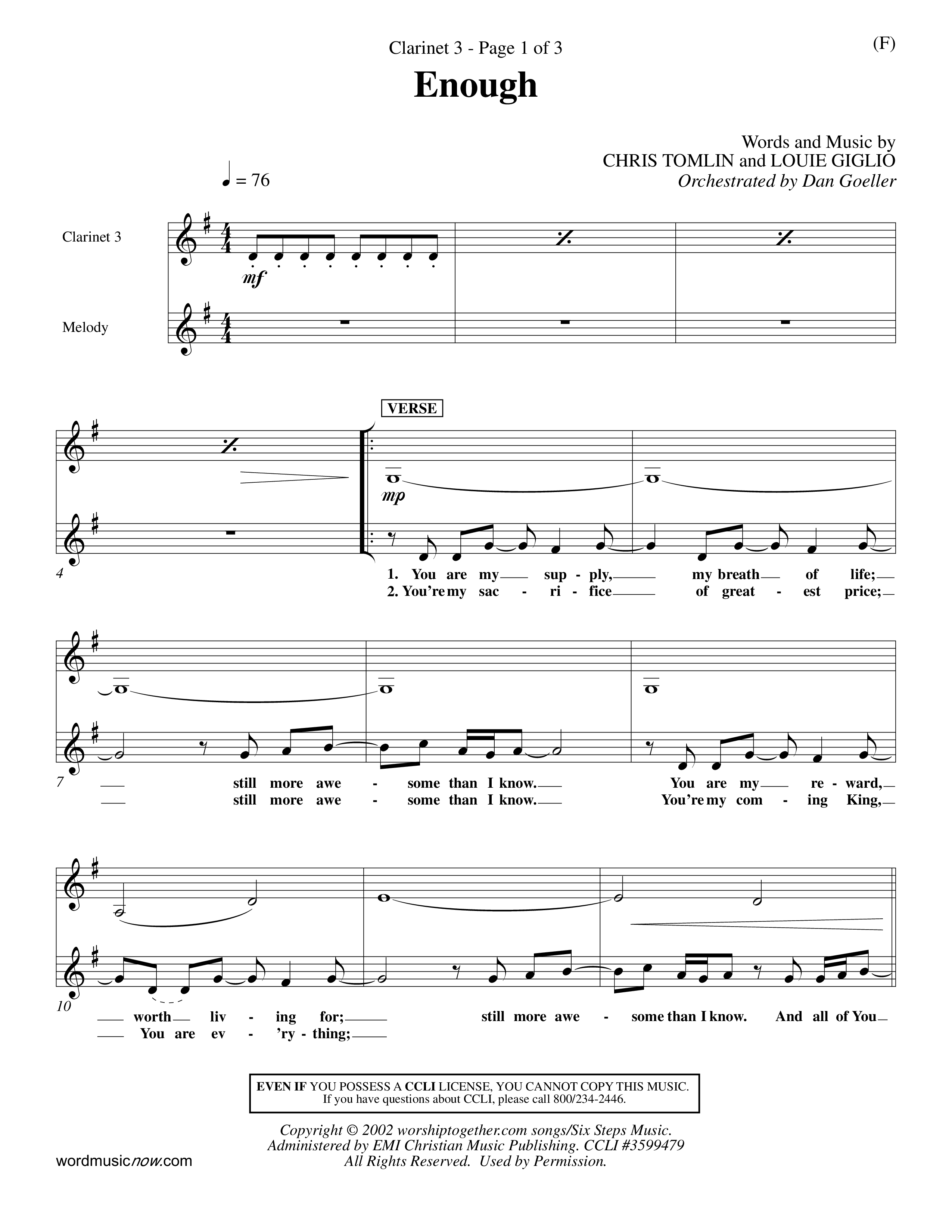 Enough (Choral Anthem SATB) Clarinet 3 (Word Music Choral / Arr. Dan Goeller)