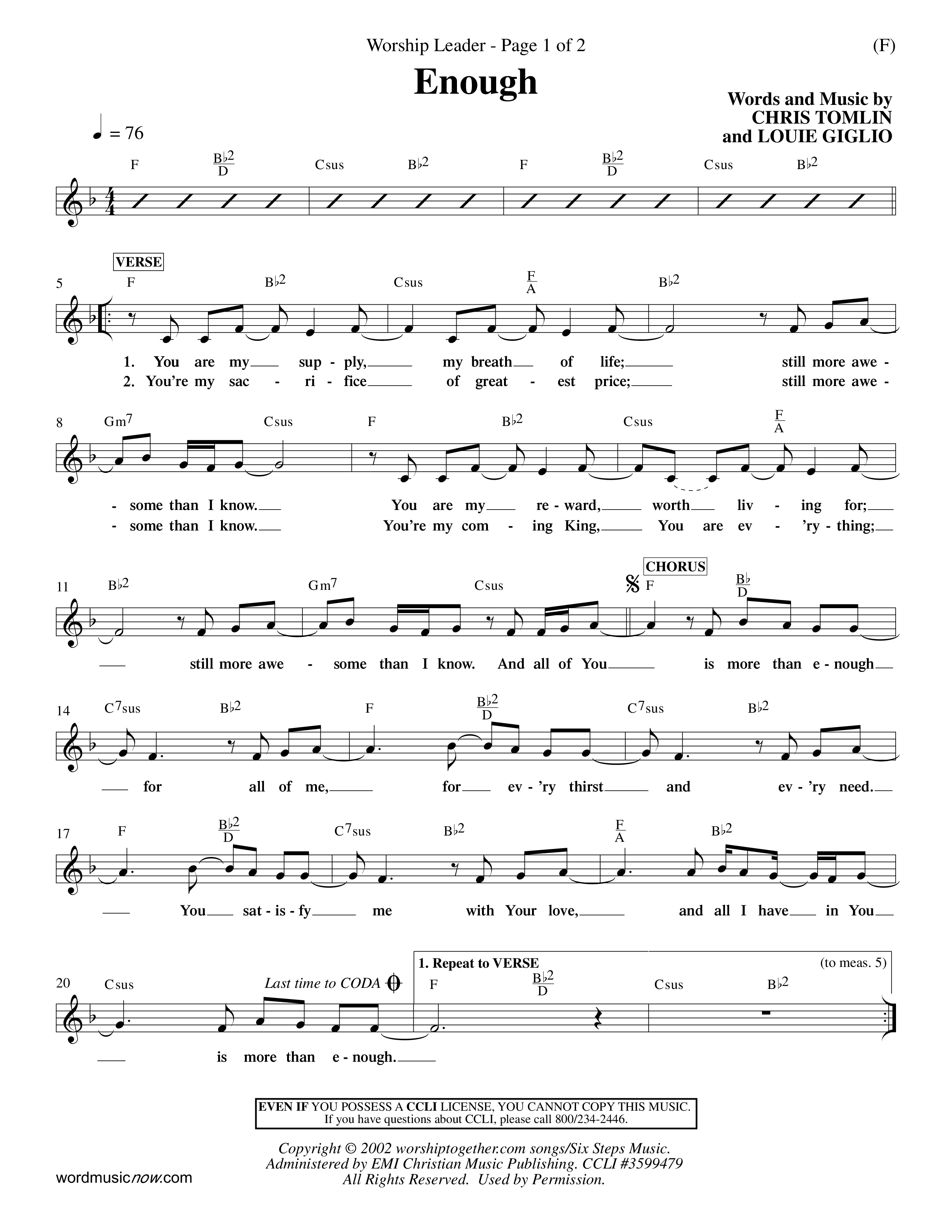 Enough (Choral Anthem SATB) Lead Sheet (Mel) (Word Music Choral / Arr. Dan Goeller)