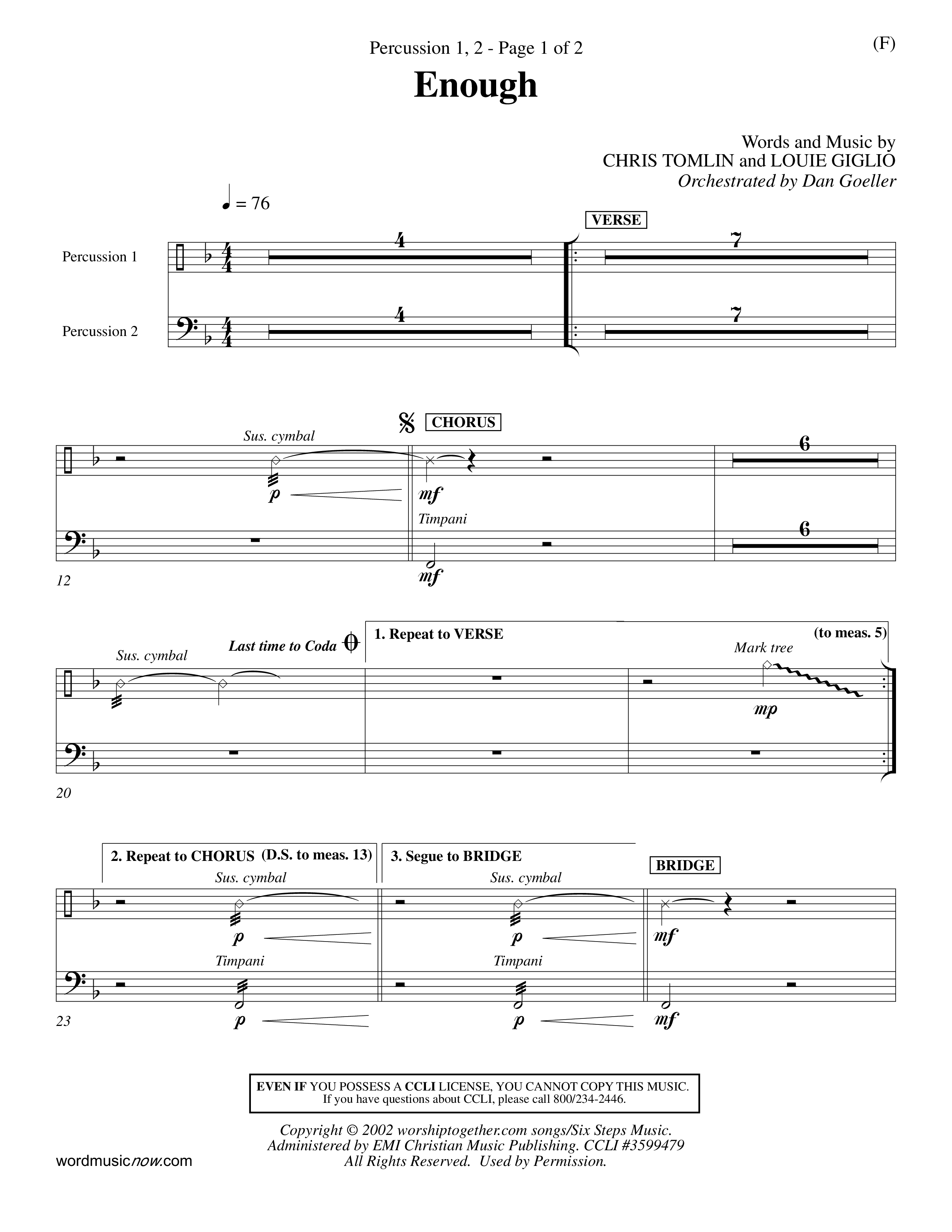 Enough (Choral Anthem SATB) Percussion 1/2 (Word Music Choral / Arr. Dan Goeller)