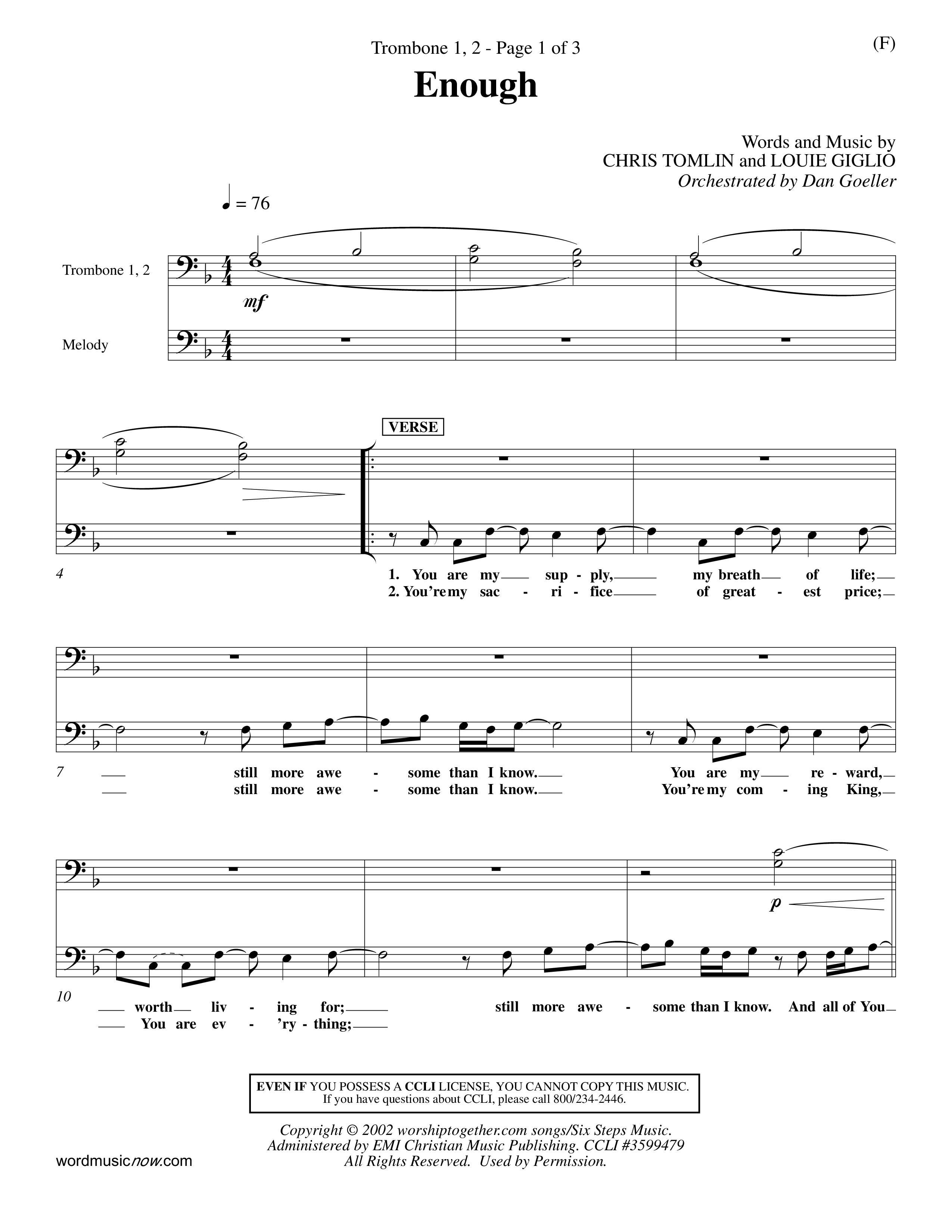Enough (Choral Anthem SATB) Trombone 1/2 (Word Music Choral / Arr. Dan Goeller)