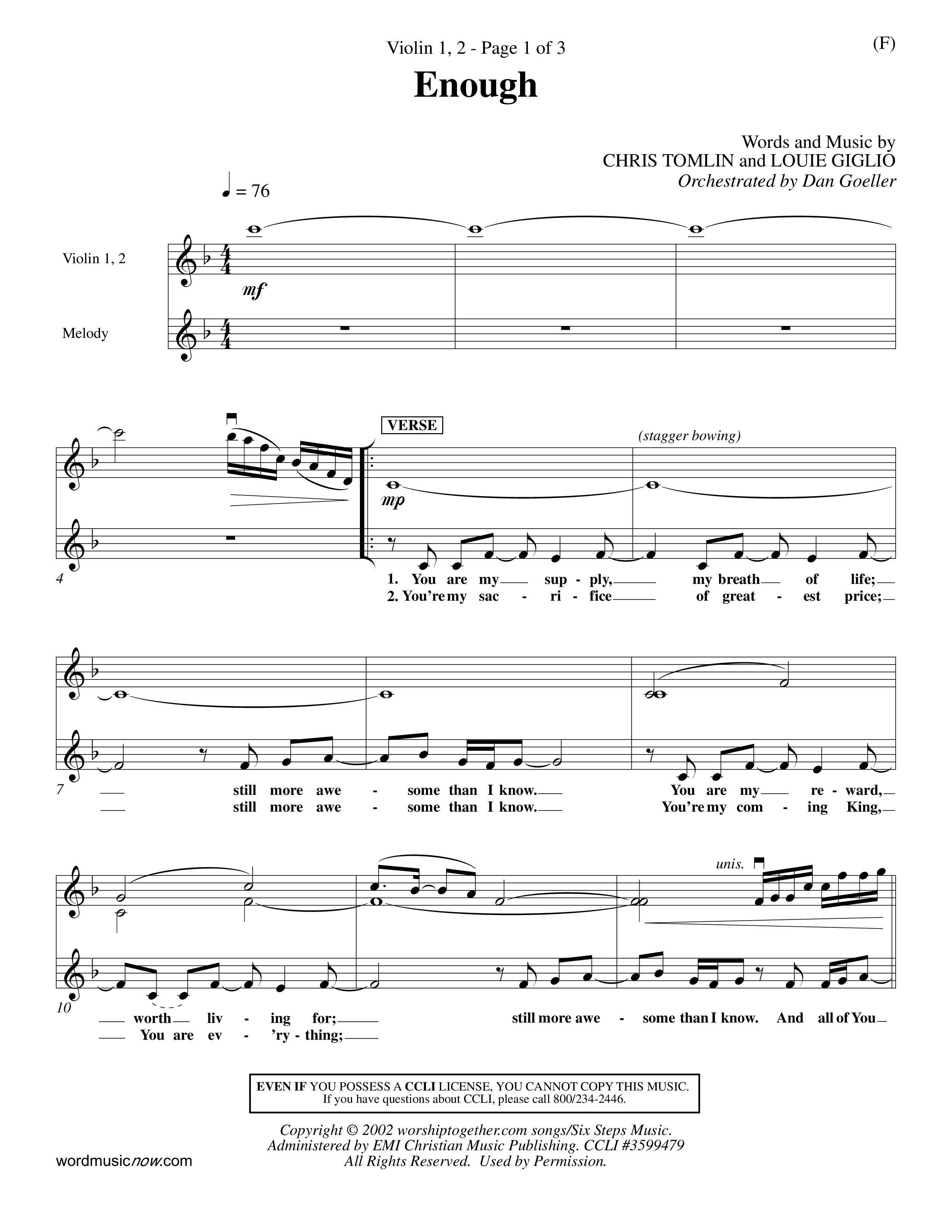 Enough (Choral Anthem SATB) Violin 1/2 (Word Music Choral / Arr. Dan Goeller)