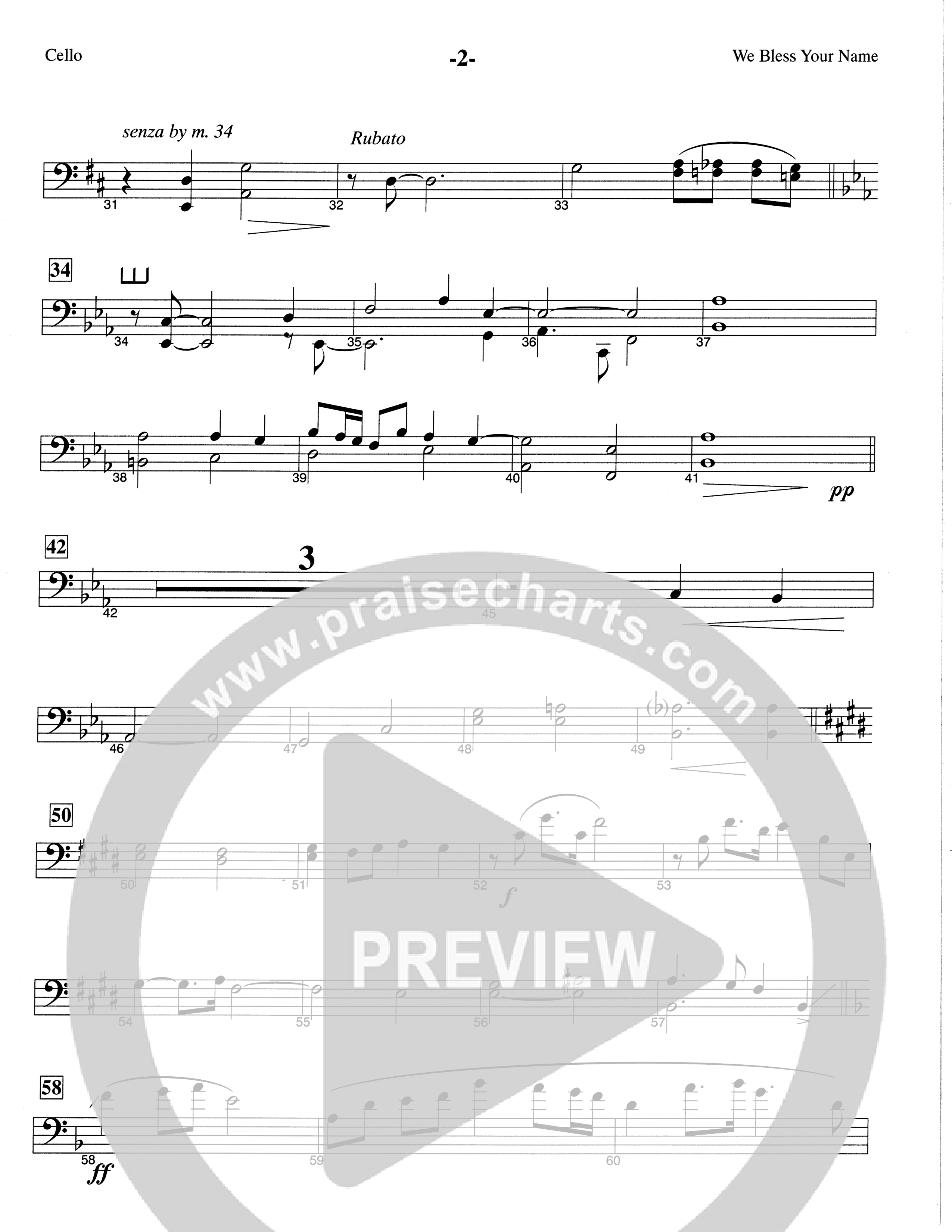 We Bless Your Name (Choral Anthem SATB) Cello (The Brooklyn Tabernacle Choir / Arr. Carol Cymbala / Orch. Lari Goss)