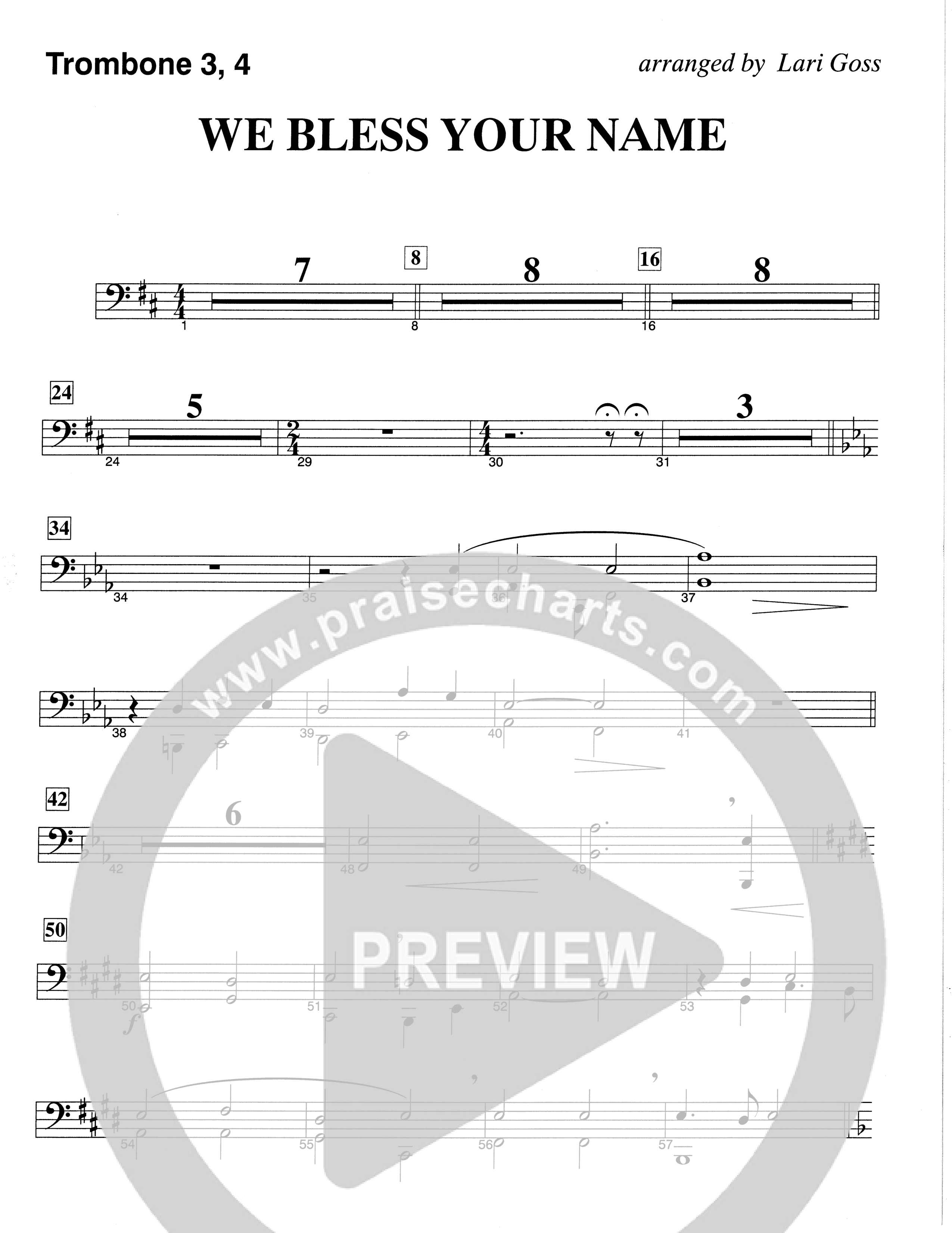 We Bless Your Name (Choral Anthem SATB) Trombone 3/4 (The Brooklyn Tabernacle Choir / Arr. Carol Cymbala / Orch. Lari Goss)