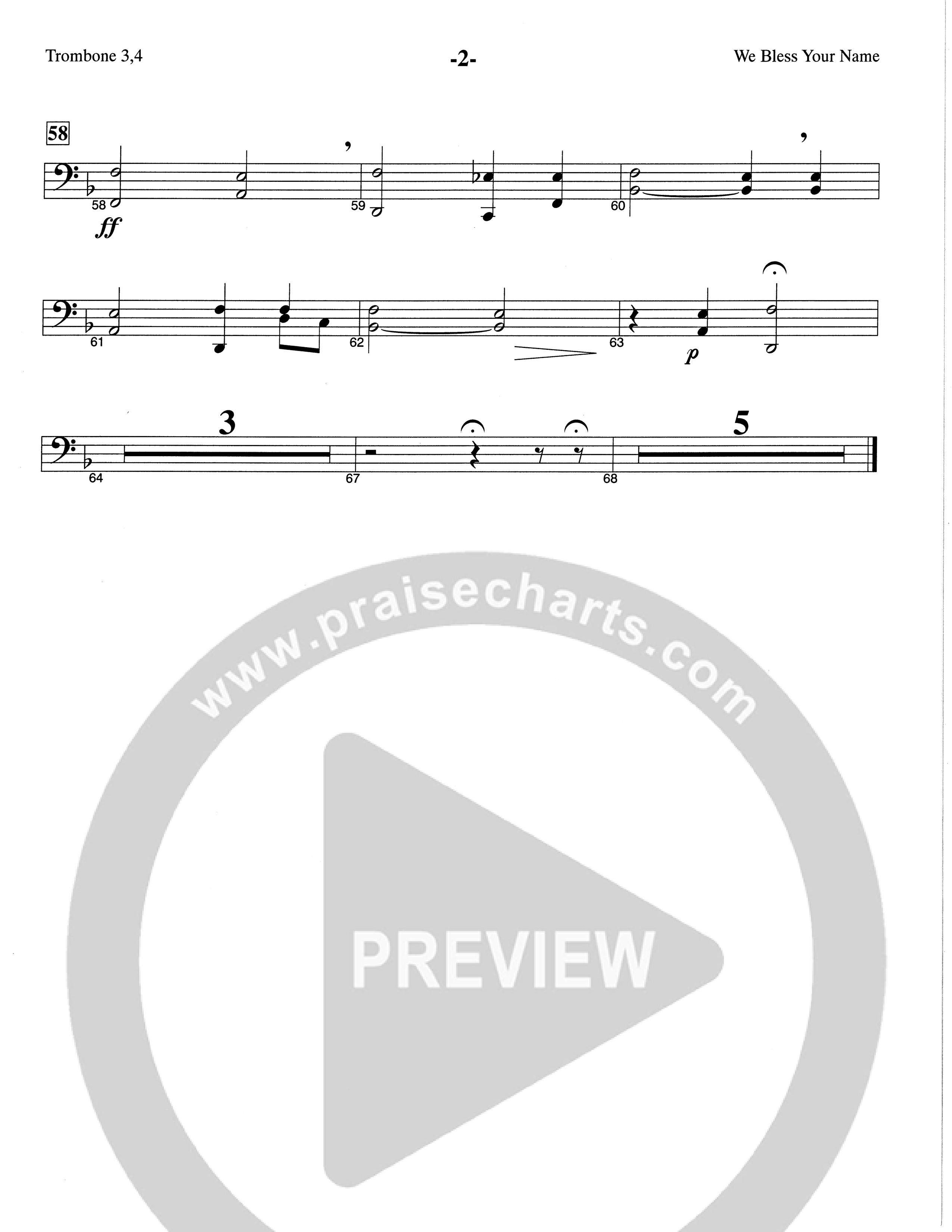 We Bless Your Name (Choral Anthem SATB) Trombone 3/4 (The Brooklyn Tabernacle Choir / Arr. Carol Cymbala / Orch. Lari Goss)
