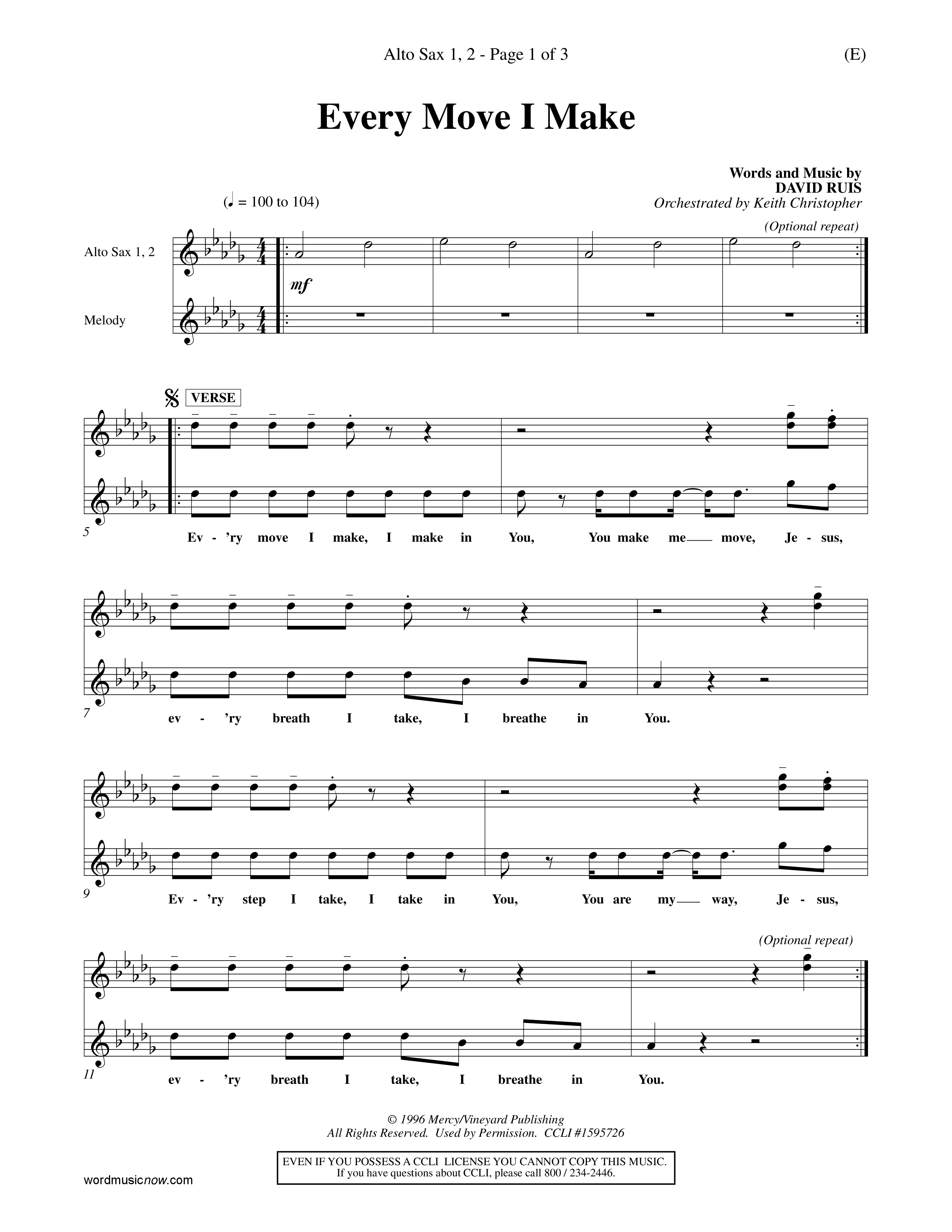 Every Move I Make (Choral Anthem SATB) Alto Sax 1/2 (Word Music Choral / Arr. Keith Christopher)