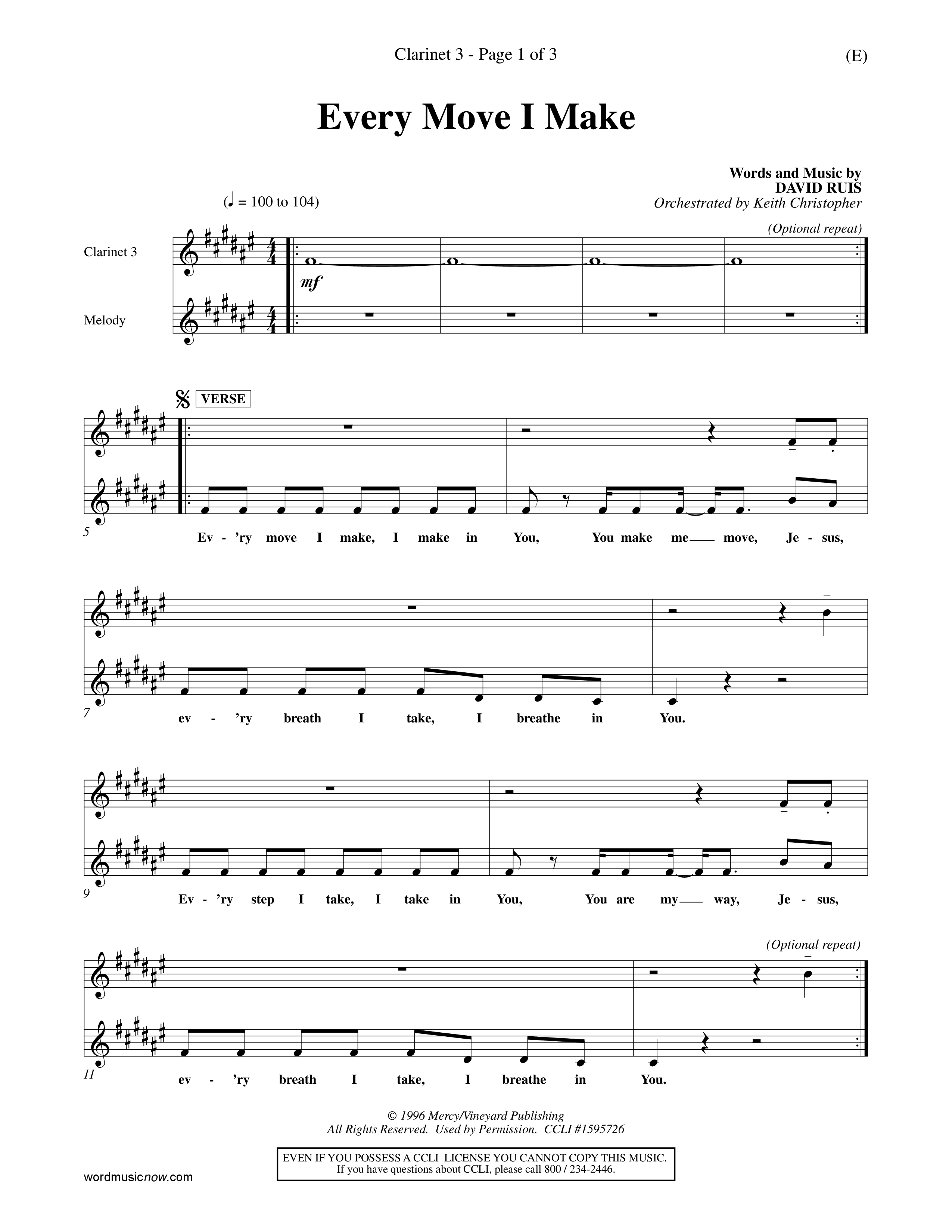 Every Move I Make (Choral Anthem SATB) Clarinet 3 (Word Music Choral / Arr. Keith Christopher)