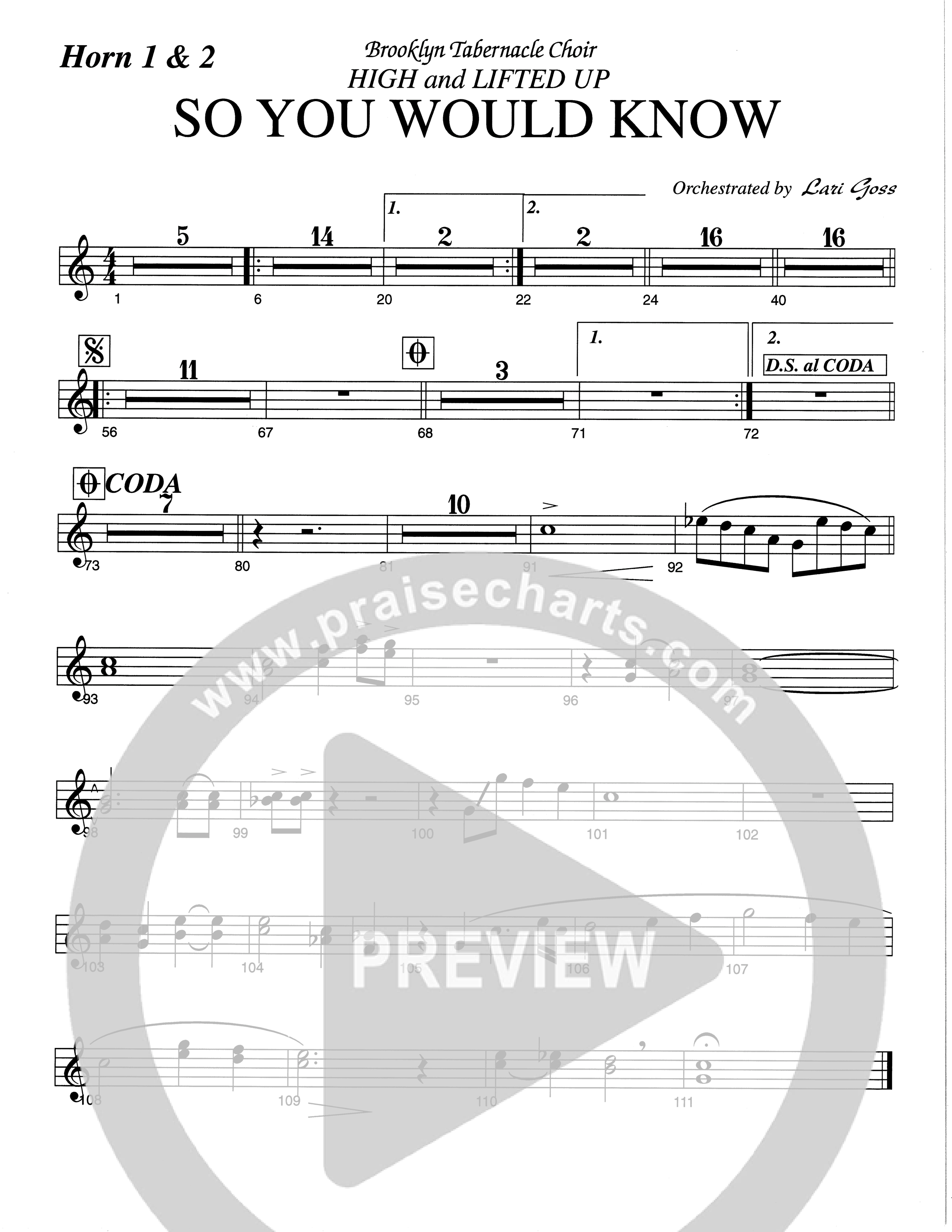 So You Would Know (Choral Anthem SATB) French Horn 1/2 (The Brooklyn Tabernacle Choir / Arr. Carol Cymbala / Orch. Lari Goss)