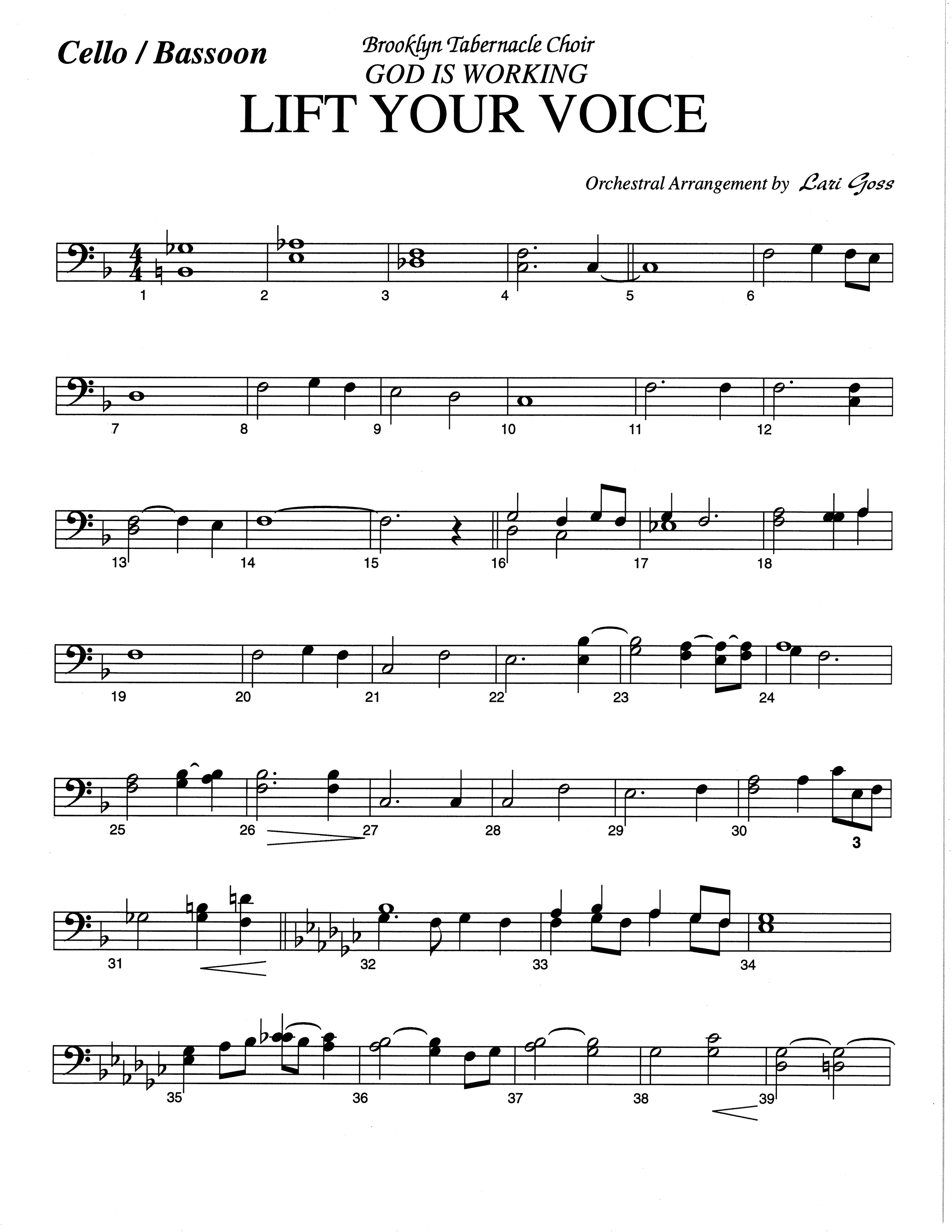 Lift Your Voice (Choral Anthem SATB) Cello (The Brooklyn Tabernacle Choir / Arr. Carol Cymbala / Orch. Lari Goss)