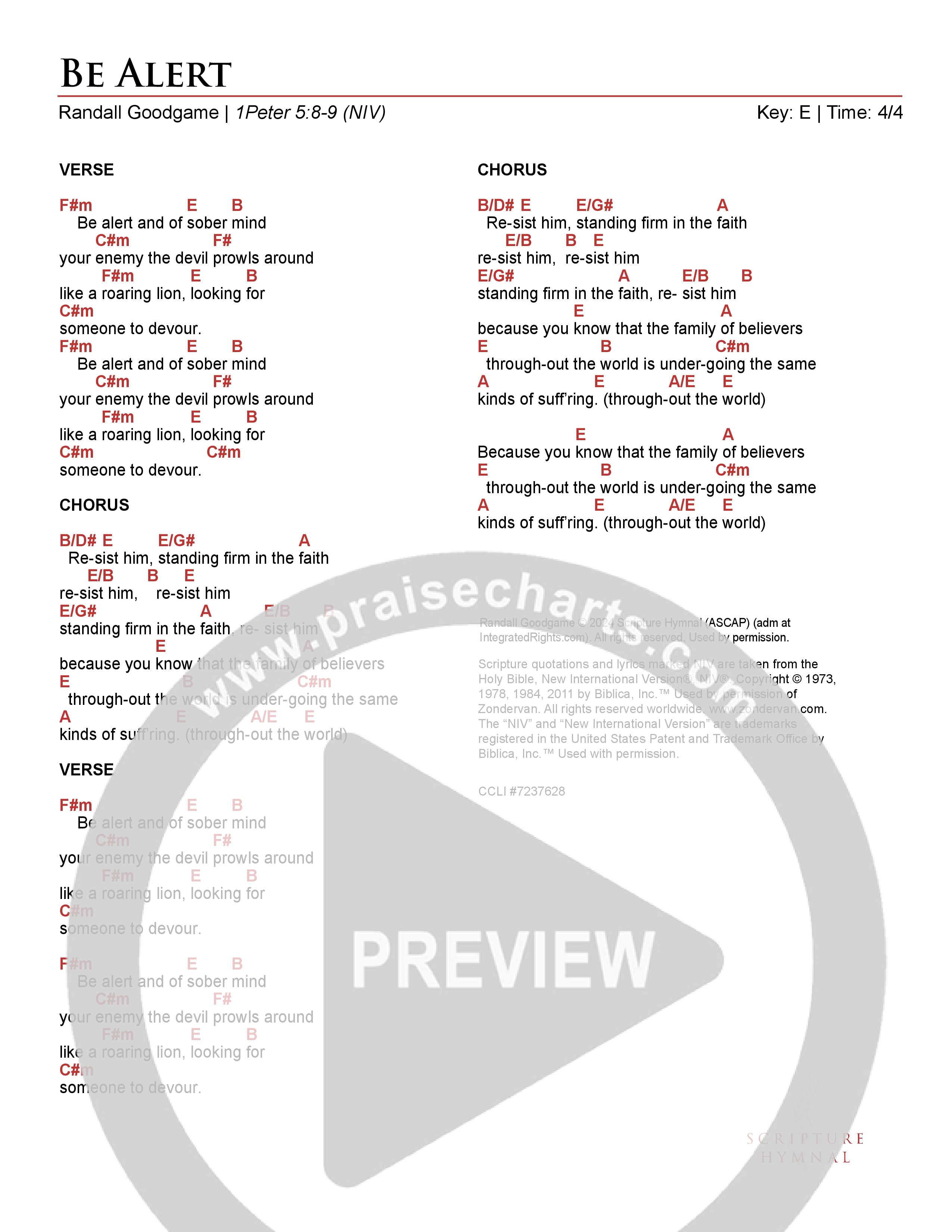 Be Alert Chord Chart (Scripture Hymnal)