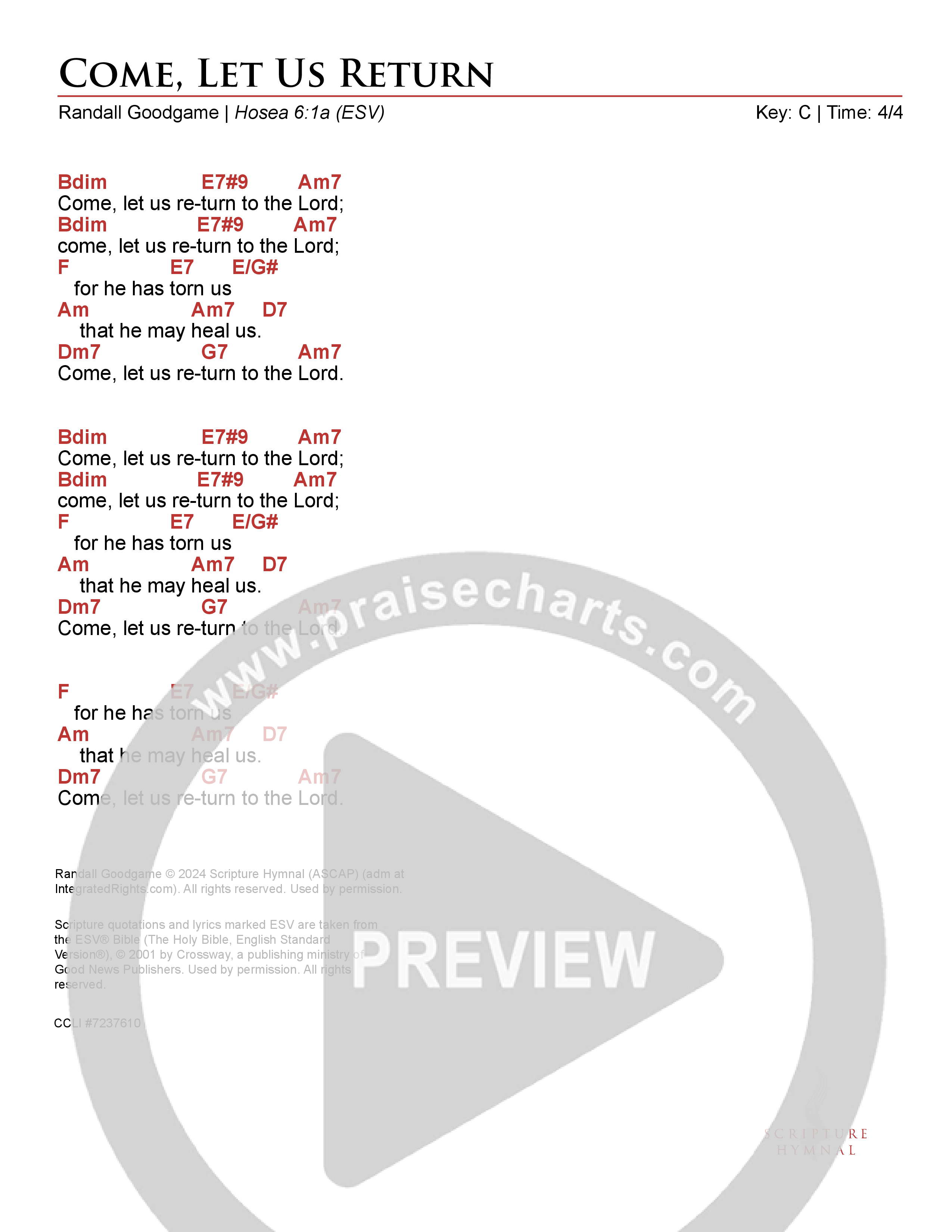 Come Let Us Return Chord Chart (Scripture Hymnal)