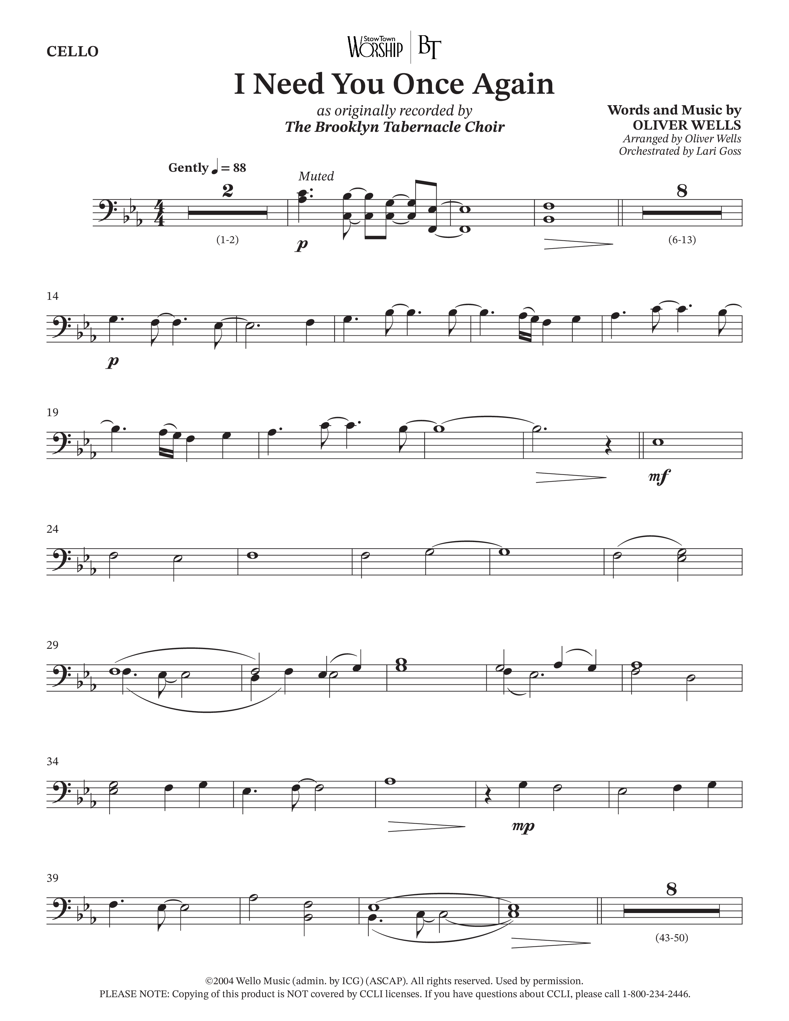 I Need You Once Again (Choral Anthem SATB) Cello (The Brooklyn Tabernacle Choir / Arr. Oliver Wells / Orch. Lari Goss)