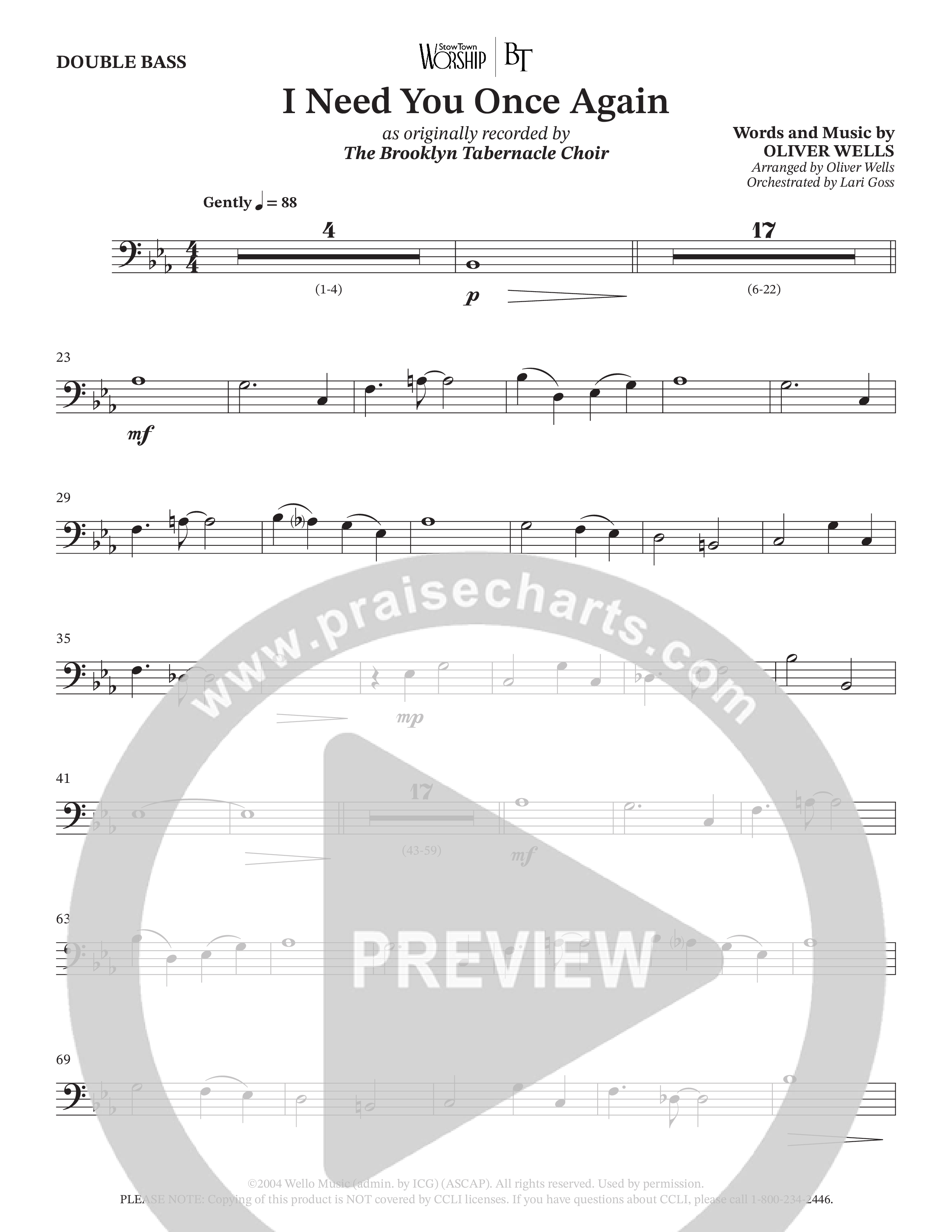 I Need You Once Again (Choral Anthem SATB) Double Bass (The Brooklyn Tabernacle Choir / Arr. Oliver Wells / Orch. Lari Goss)