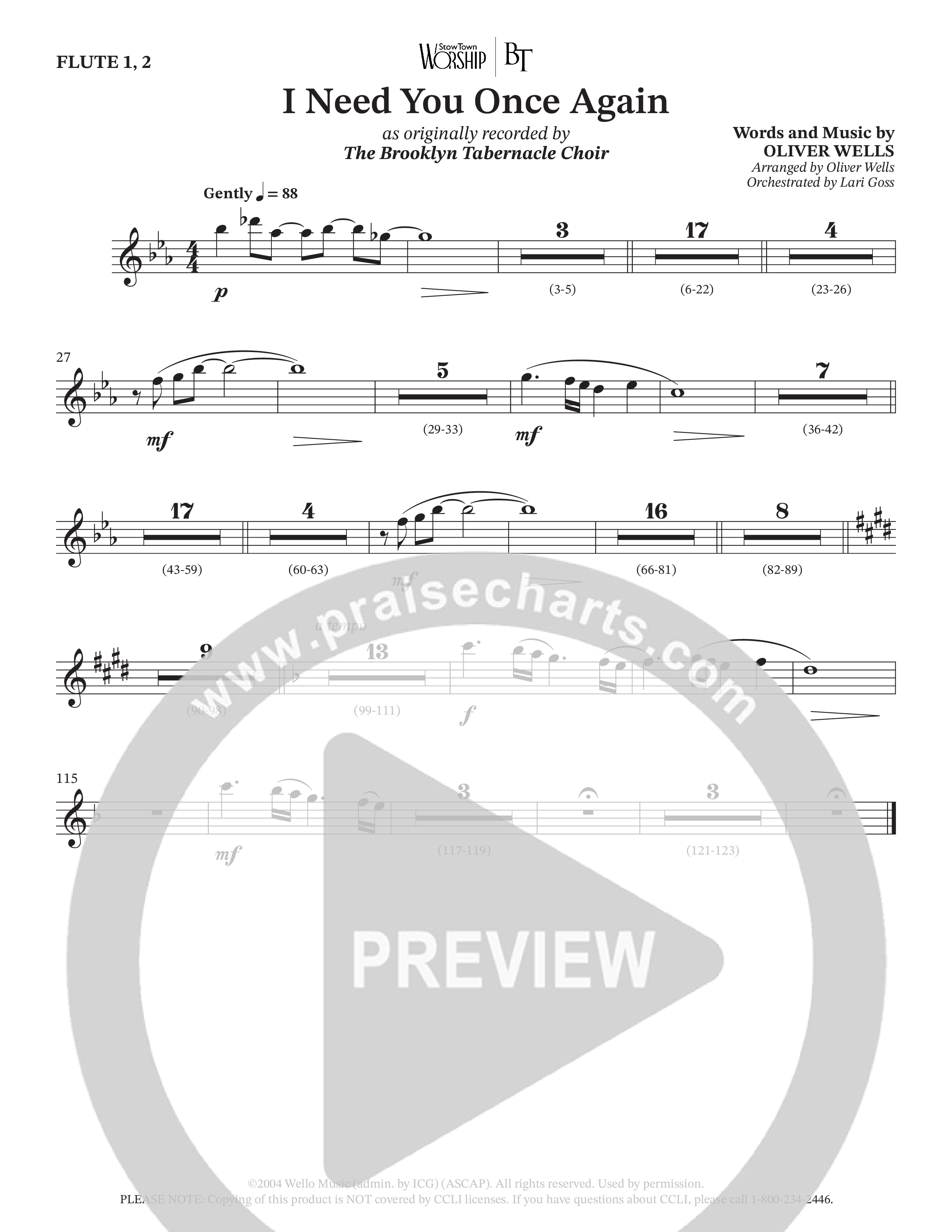 I Need You Once Again (Choral Anthem SATB) Flute 1/2 (The Brooklyn Tabernacle Choir / Arr. Oliver Wells / Orch. Lari Goss)