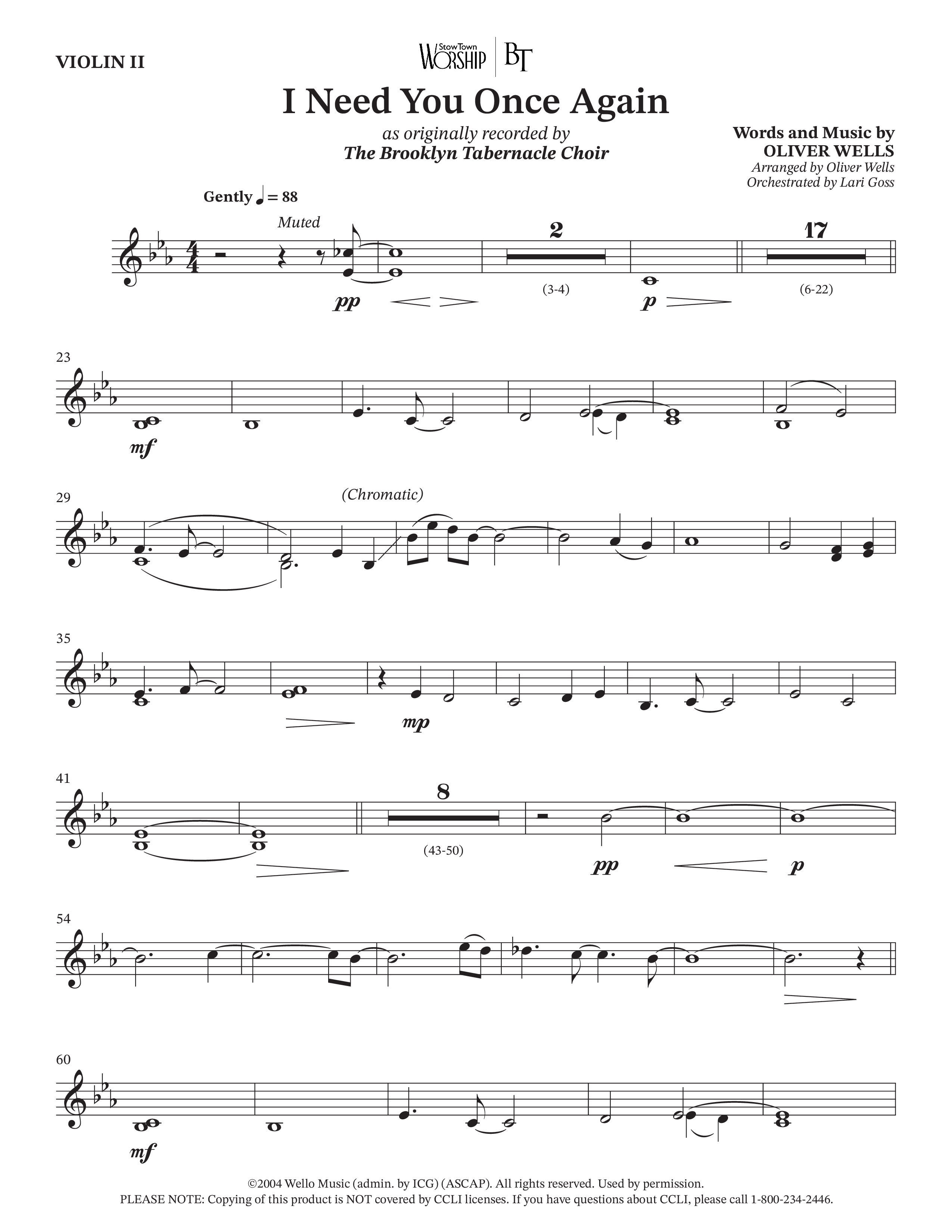 I Need You Once Again (Choral Anthem SATB) Violin 2 (The Brooklyn Tabernacle Choir / Arr. Oliver Wells / Orch. Lari Goss)