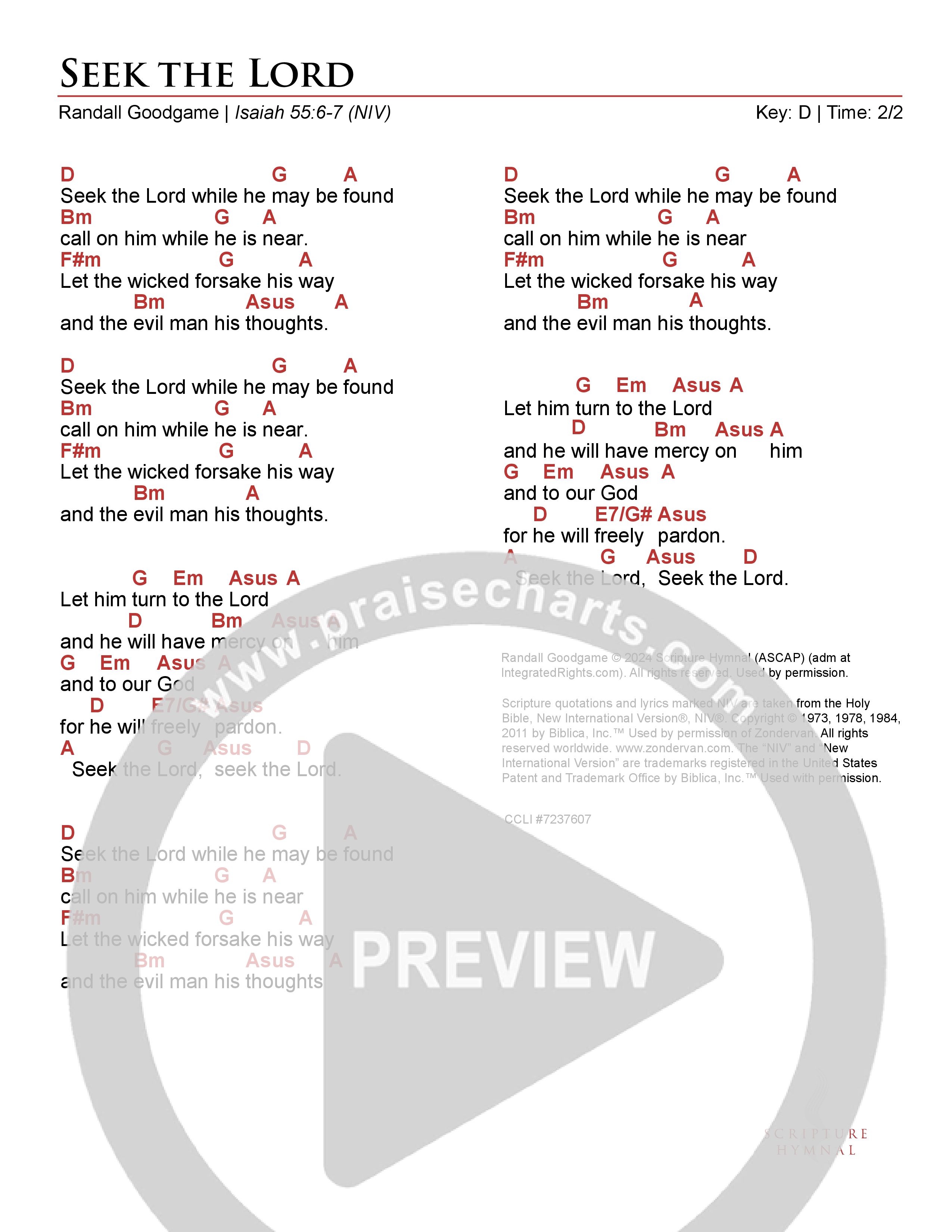 Seek The Lord Chord Chart (Scripture Hymnal)